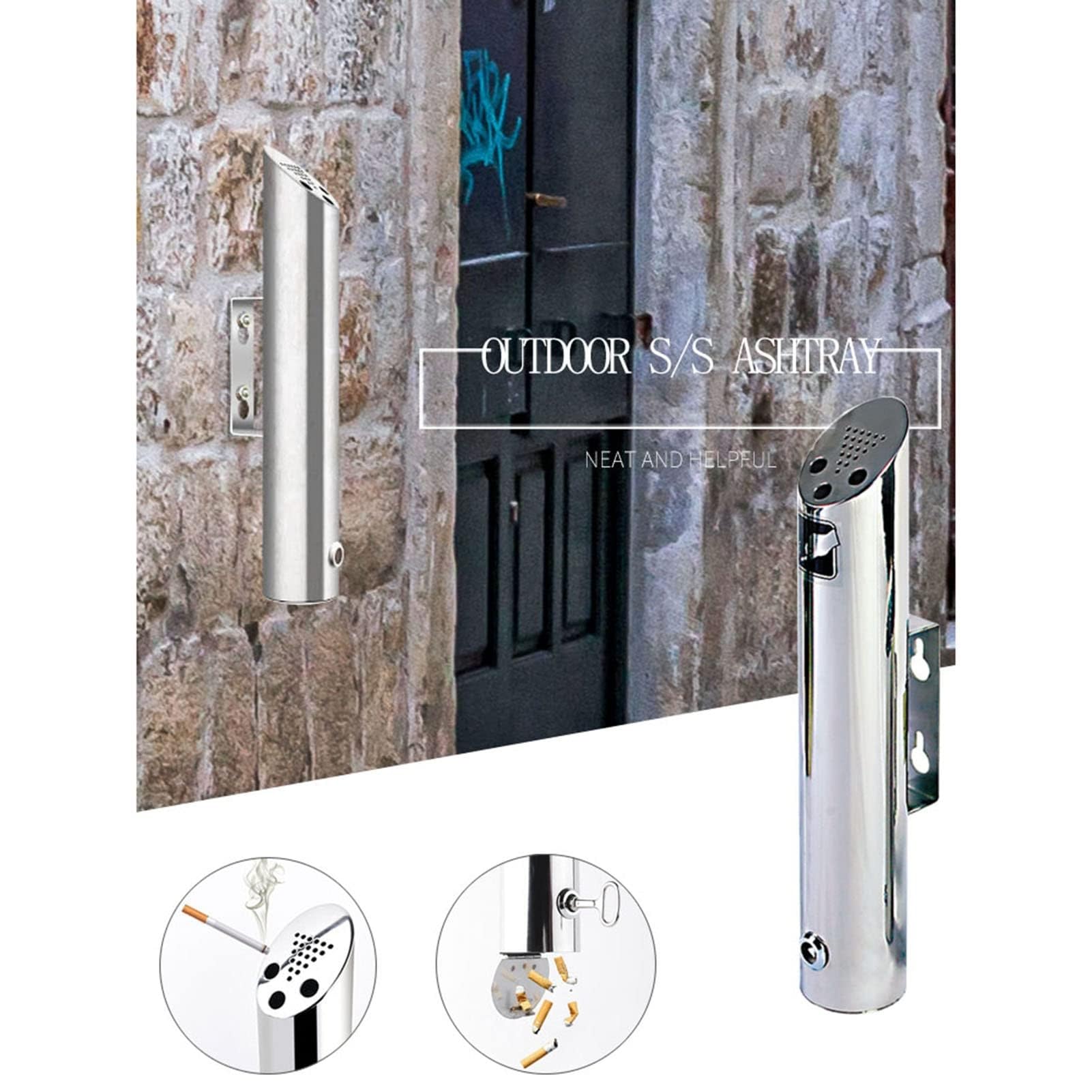 Wall Mounted Commercial Ashtray - Outdoor Stainless Steel Cigarette Ash Tray for Home, Garden, Patio, Shopping Mall & Office - Durable Wall Mount Cigarette Butt Disposal Container for Smoking Areas & Public Spaces