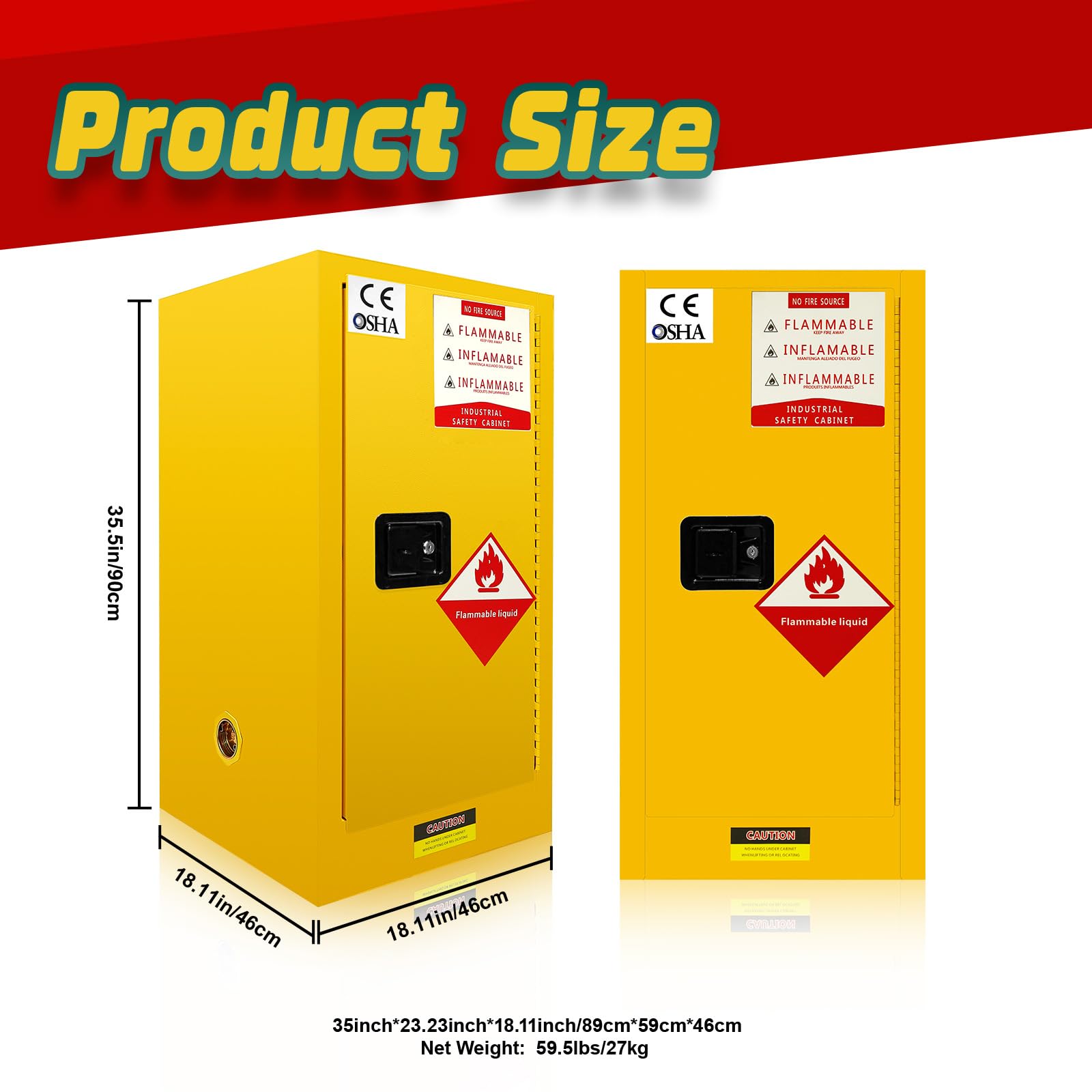 16 Gallon Flammable Storage Cabinet - 18''x18''x35'' Yellow Fire Safety Cabinet for Flammable Liquids, Heavy-Duty Cold-Rolled Steel Construction - Ideal for Industrial Workshops, Laboratories, Garages & Home Use
