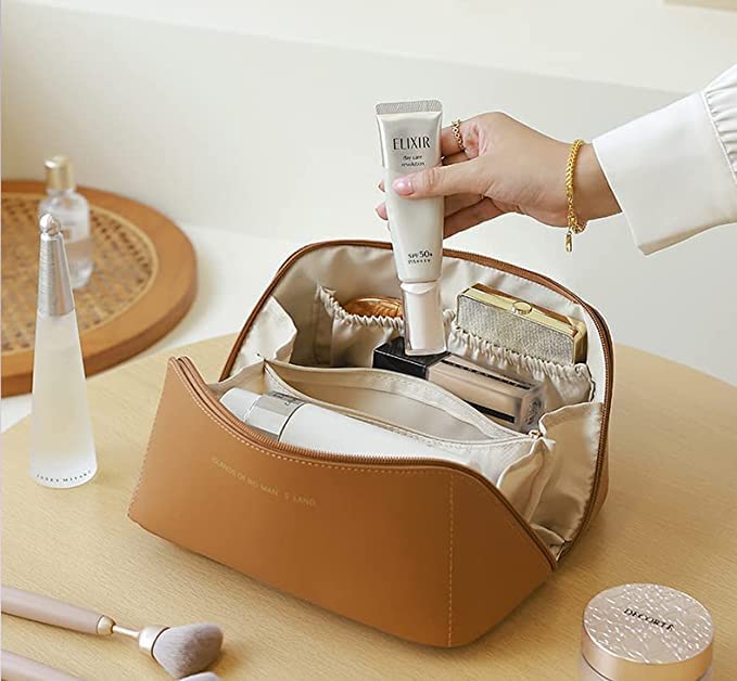 Premium Large Capacity Leather Travel Cosmetic Bag - Waterproof Makeup Organizer with Handle & Dividers for Skincare & Toiletries | Perfect for Vacation, Gym & Daily Use