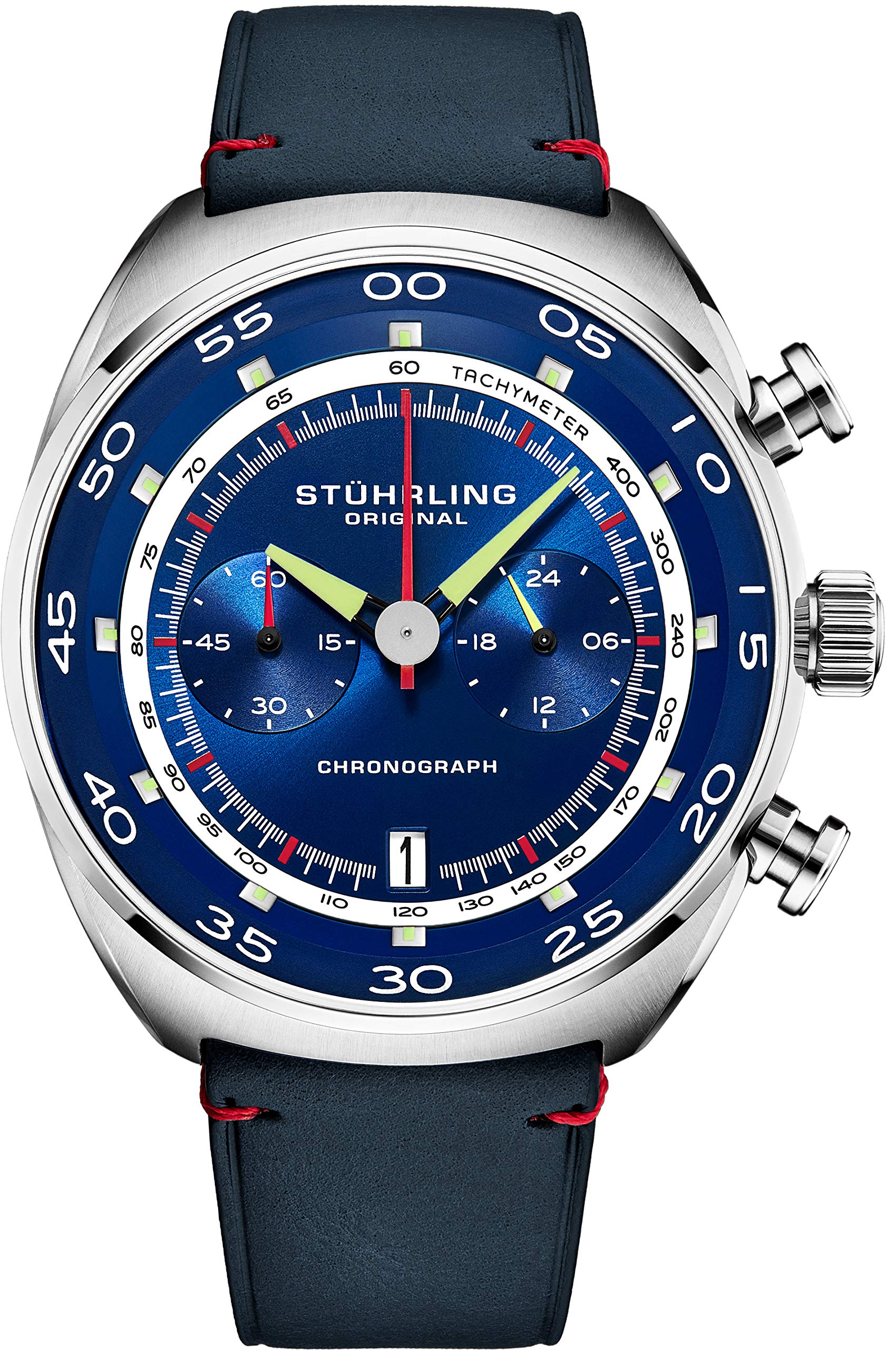 Stuhrling Original Men's Chronograph Watch with Date, Genuine Leather Strap & Stainless Steel Case - Tachymeter & 24-Hour Subdial Analog Dress Watch for Business, Formal Occasions & Everyday Wear
