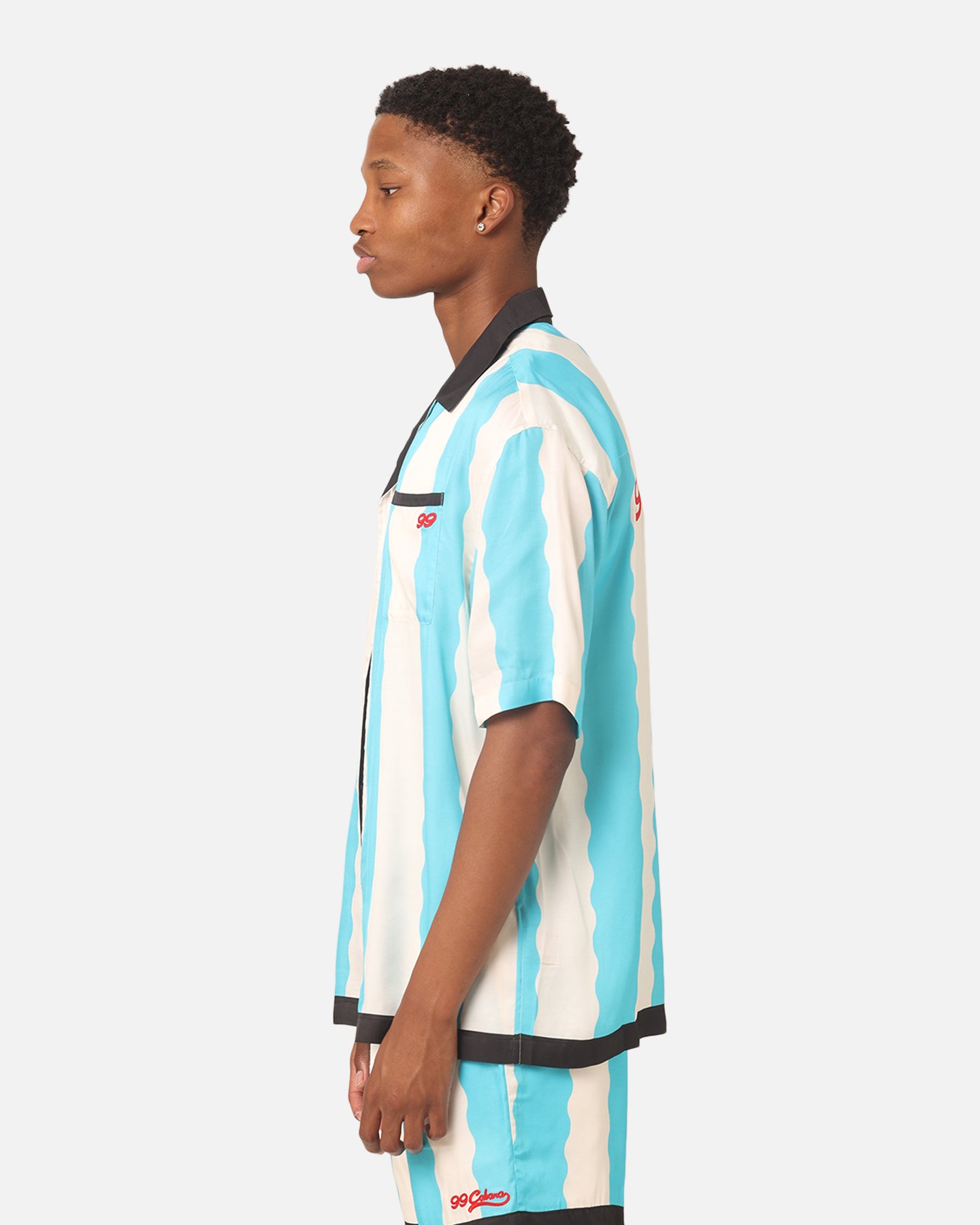 99 Cabana Bowling Short Sleeve Button Up Shirt for Men - Light Blue & Off White Hawaiian Style Casual Shirt - Perfect for Beach, Vacation, and Summer Outings