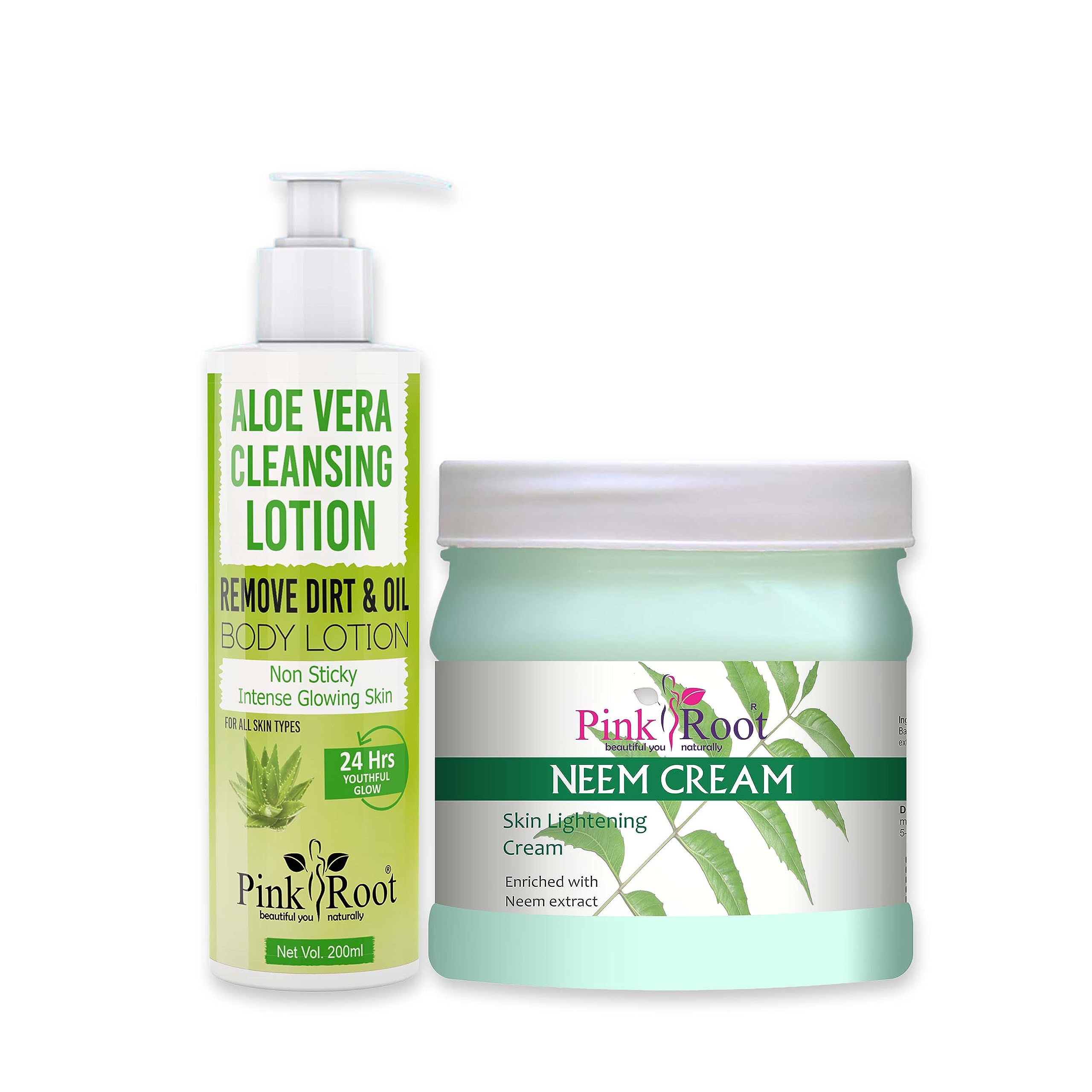 Organic Pink Root Aloe Vera Cleansing Milk 200ml & Neem Cream 500gm Set - Hydrating Facial Cleanser & Anti-Acne Moisturizer for Sensitive Skin | Daily Skincare Routine, Spa Treatment, Post-Sun Care