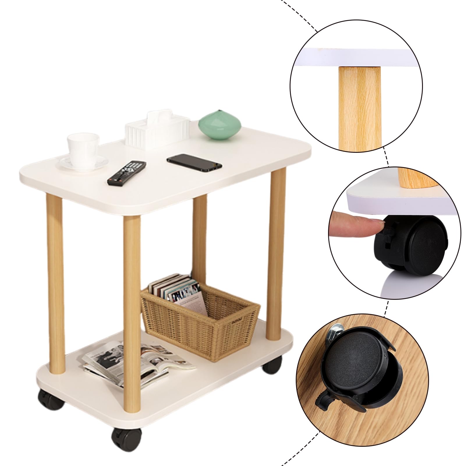 2-Tier Wooden Side Table with Wheels - Mobile End Table, Nightstand, or Coffee Table for Bedroom & Living Room - White Small Space Furniture for Easy Storage & Room Organization