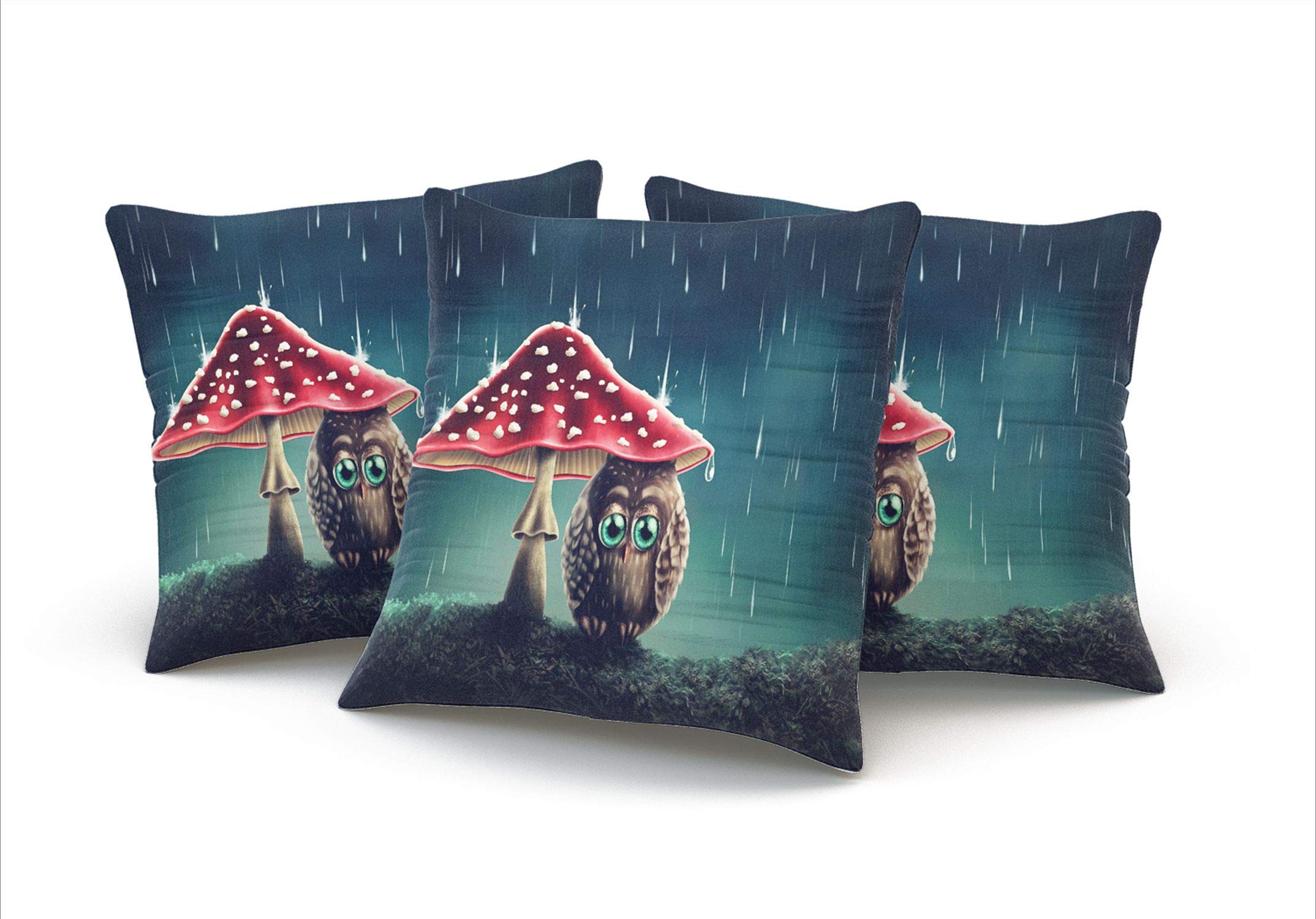 Little Owl Sitting Under Mushrooms Decorative Throw Pillow Cover - 16x16 Inch Square Hidden Zipper Double Sided Printed Custom Pillowcase - Perfect for Living Room, Bedroom & Nursery Decor