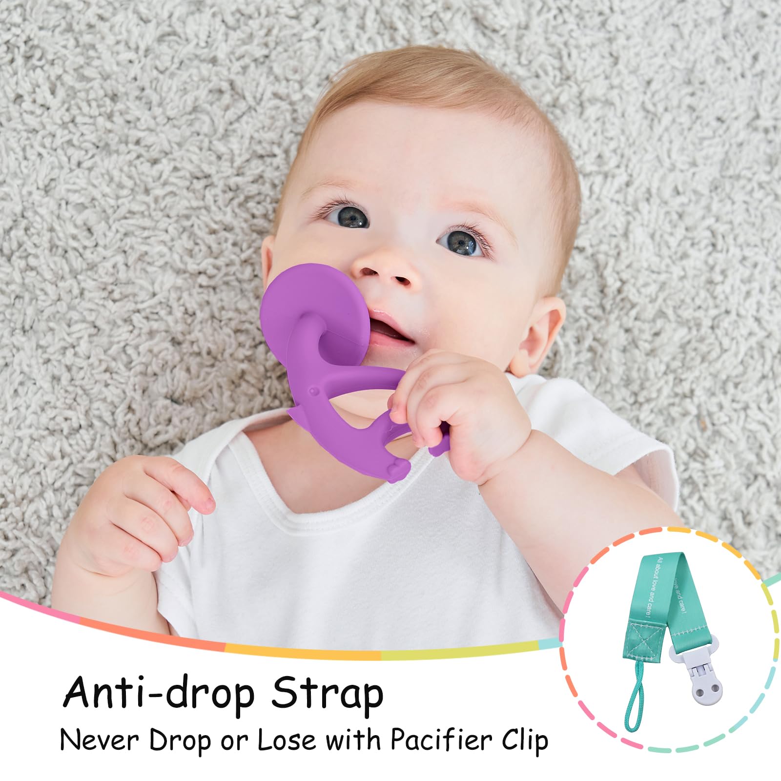 Mombella Baby Teething Toys for Infants 3-12 Months - Soft Silicone Teether with Clip, 2-in-1 Elephant Chew Toy & Pre-Training Toothbrush - Safe for 6-9 Month Old Babies (Purple) - Perfect for Soothing Sore Gums at Home or On-the-Go