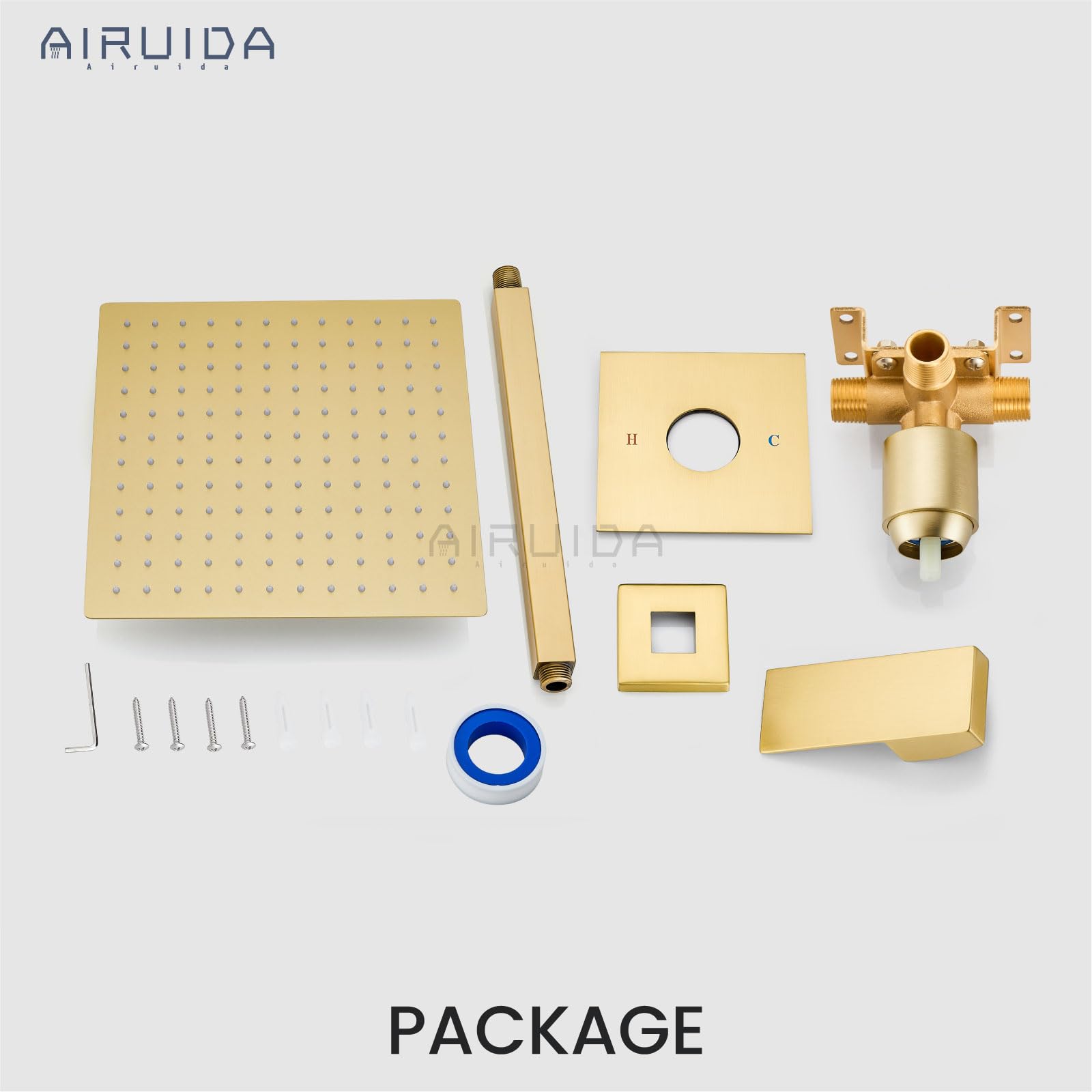 Airuida Brushed Gold Ceiling Mount Rainfall Shower System - 10 Inch Square Shower Head with Single Function Trim Kit, Male Threads & Rough-in Valve | Perfect for Modern Bathroom Renovations & Spa-Like Shower Experience