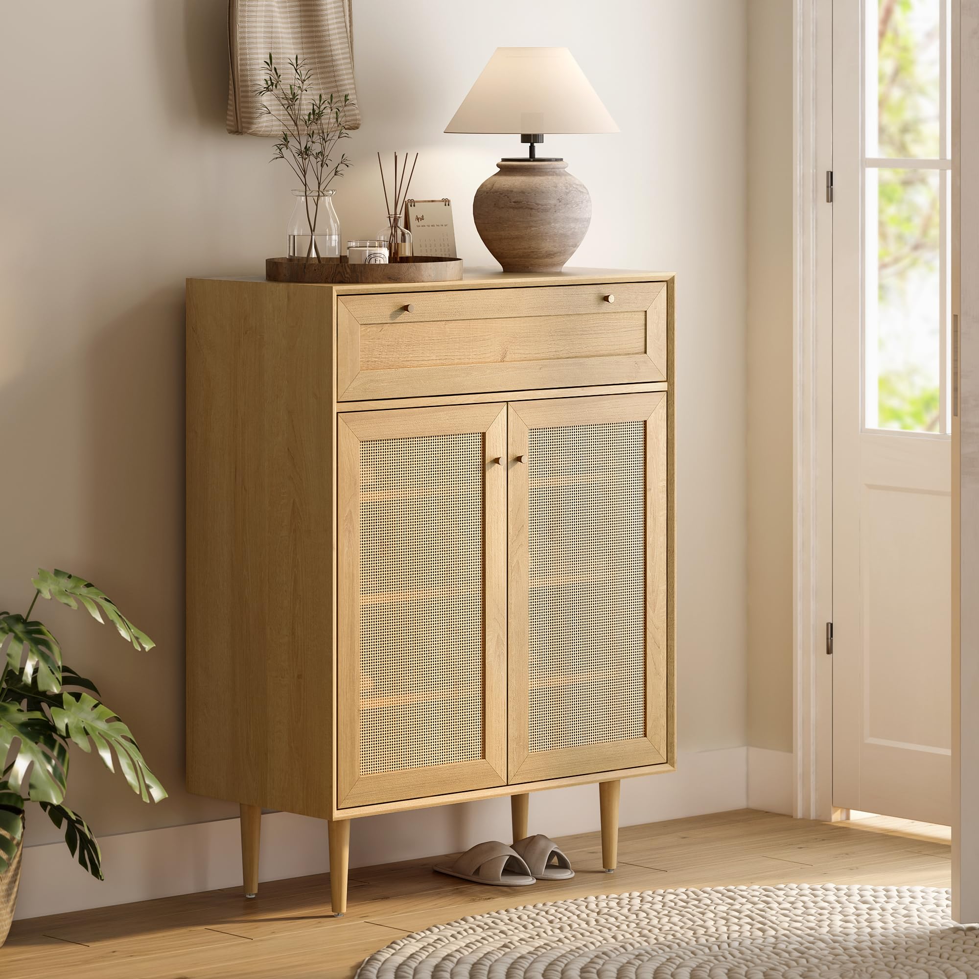 Modern Rattan Shoe Cabinet with Drawer & Doors - Large Freestanding Shoe Storage Organizer with Adjustable Shelves & Anti-Tip Design - 4-Tier Natural Oak Shoe Rack for Entryway, Bedroom, or Closet Organization - Farmhouse Style Home Decor