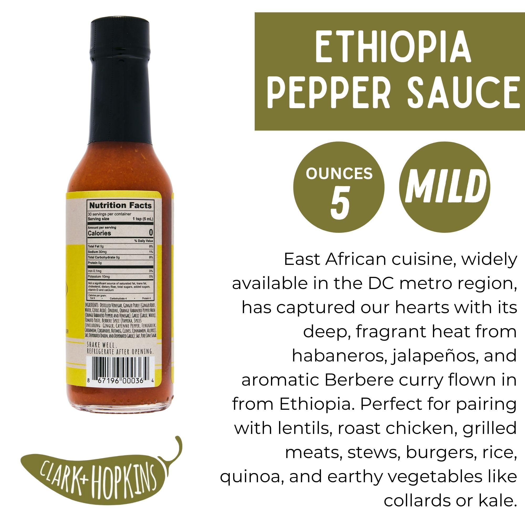 Clark + Hopkins Ethiopia Pepper Sauce - Berbere, Habanero & Ginger Flavored Hot Sauce for East African Cuisine | Medium Heat 5oz Bottle | Perfect for Grilling, Stews & Spicy Food Lovers