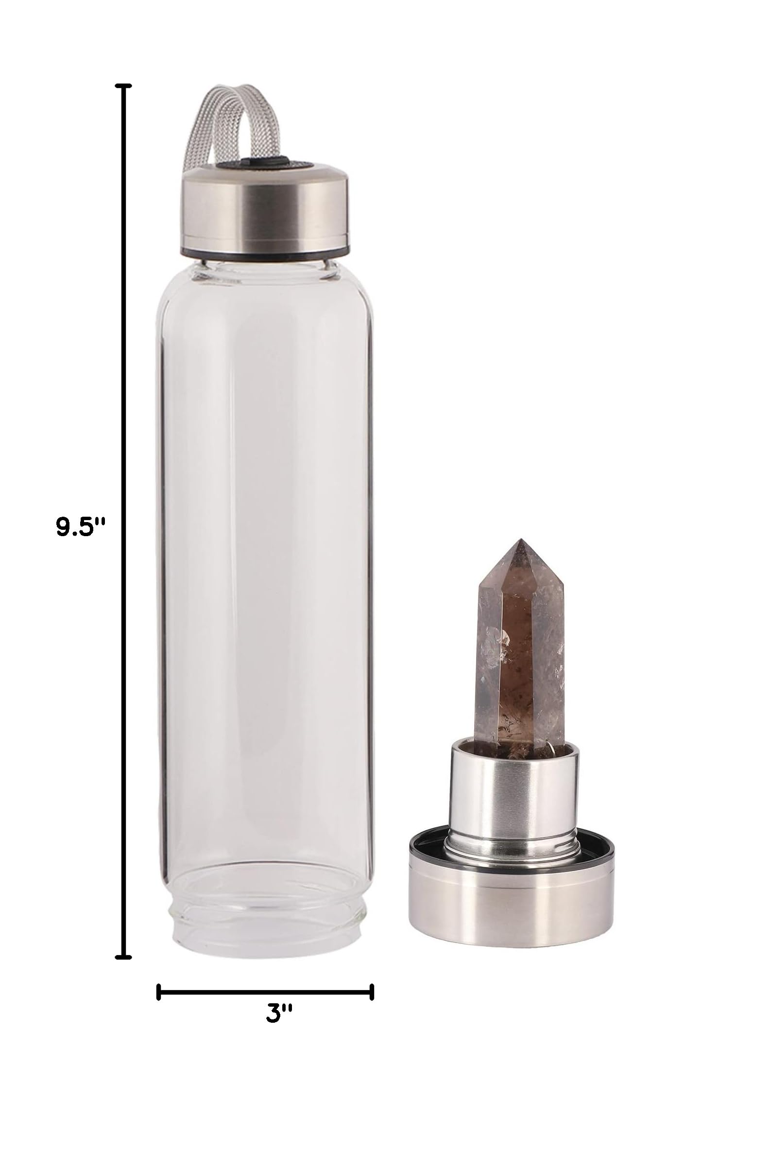 GEMHUB Crystal Glass Water Bottle with Natural Smoky Quartz Gemstone - Healing Crystal Point Wand for Energy, Reiki & Meditation - Perfect for Yoga, Office & Home Use