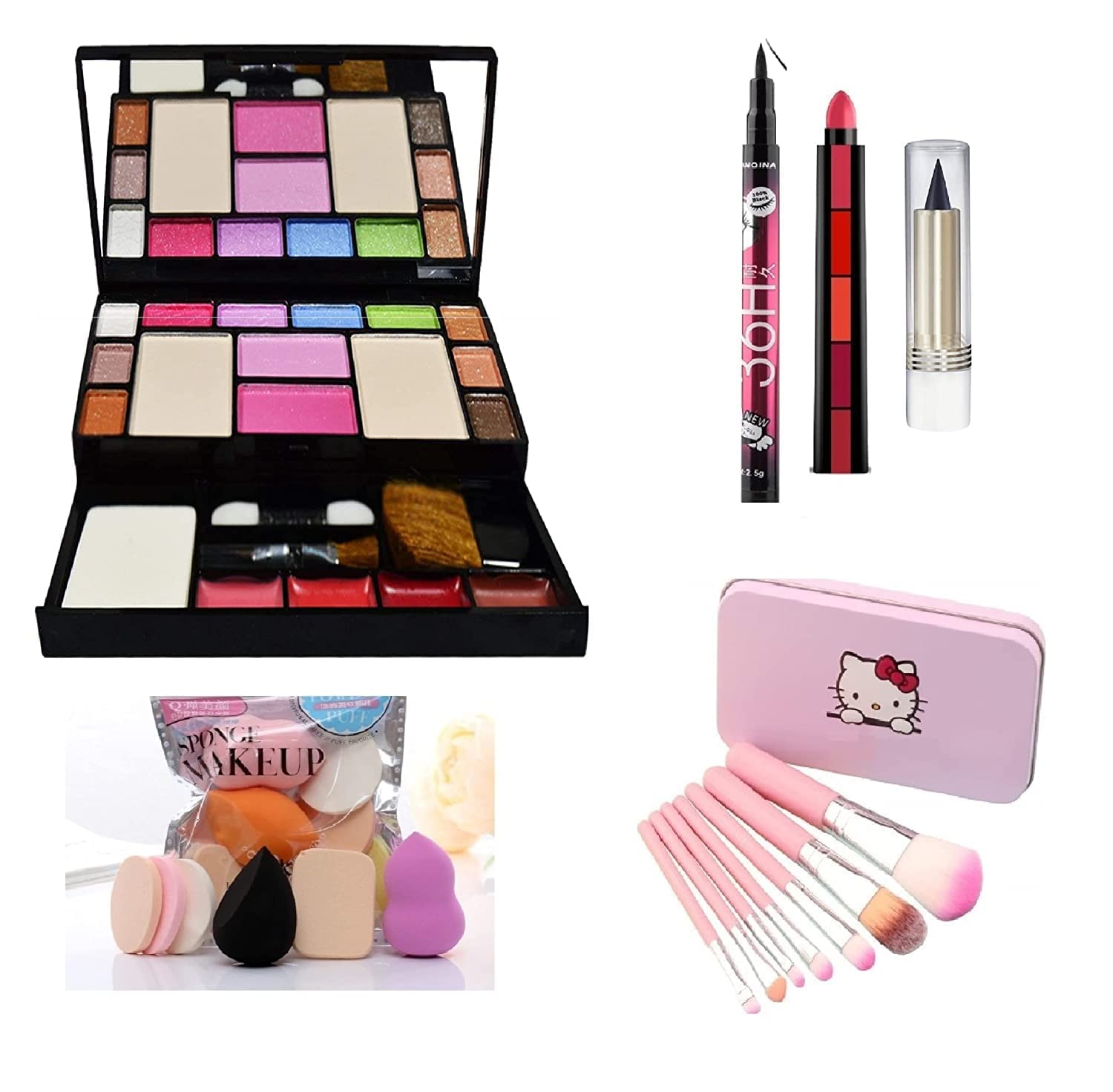 FOZZBY TYA 6171 Girls Makeup Kit with 7 Pink Makeup Brushes, 6-in-1 Makeup Sponges, 5 Lipsticks, 36H Sketch Eyeliner & Kajal - 17 Piece Cosmetic Set for Teens | Perfect for Birthday Gifts, Play Dress-Up & Makeup Practice
