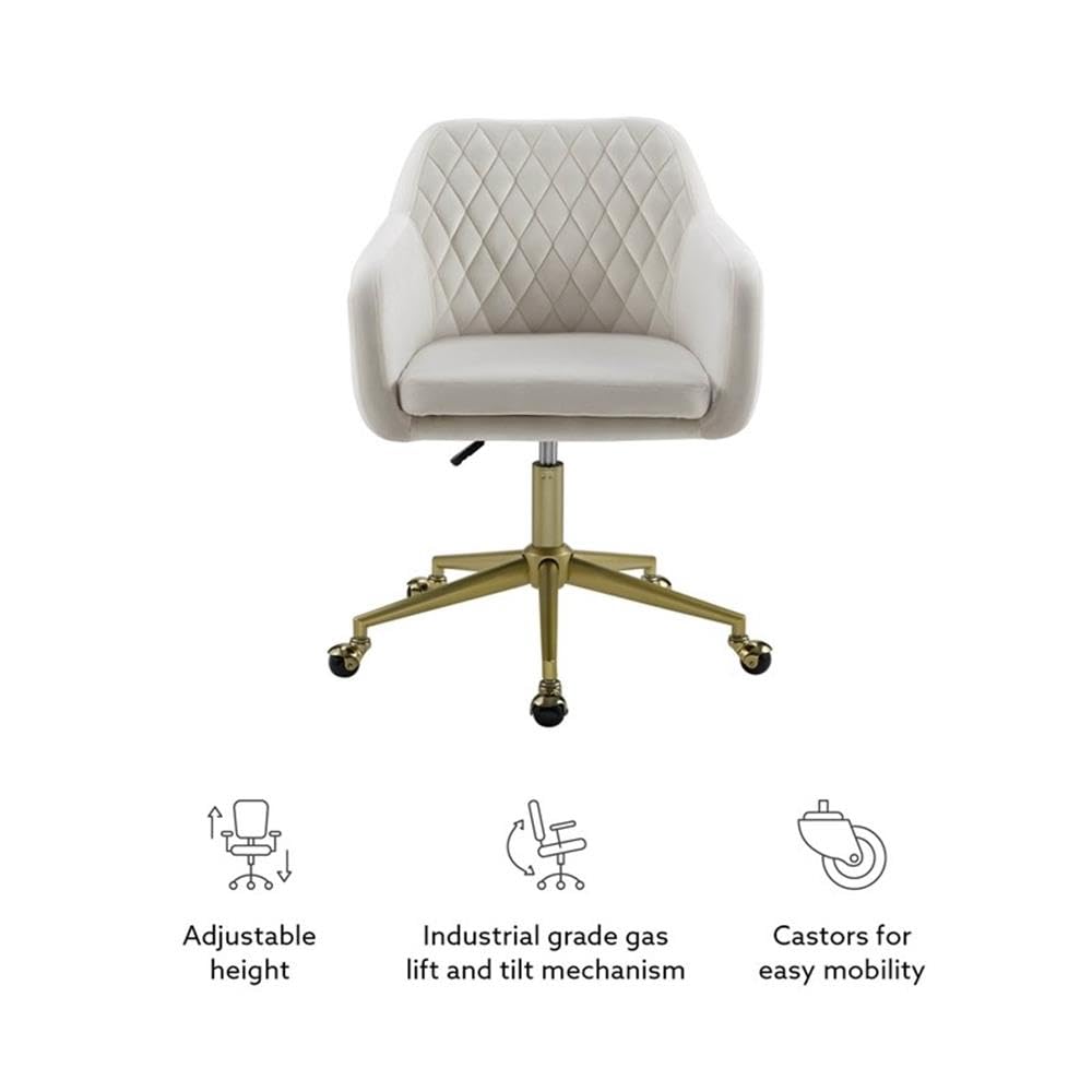 Ergonomic Fabric & Metal Office Chair with Wheels - Off White & Gold Finish - Perfect for Home Office, Workspace & Study Desk