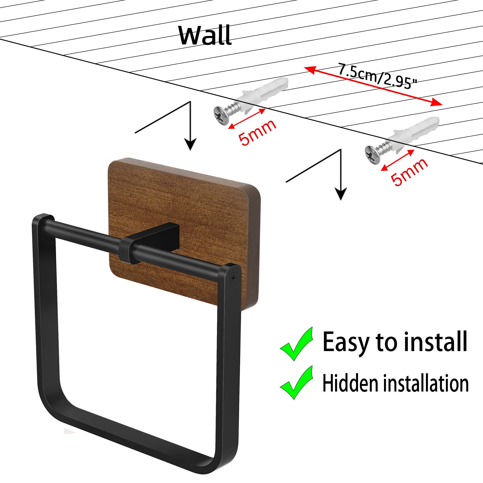 2-Pack Square Towel Ring - Heavy Duty Wall Mounted Hand Towel Holder for Bathroom & Kitchen - Black & Brown - Perfect for Bathroom Decor & Kitchen Organization