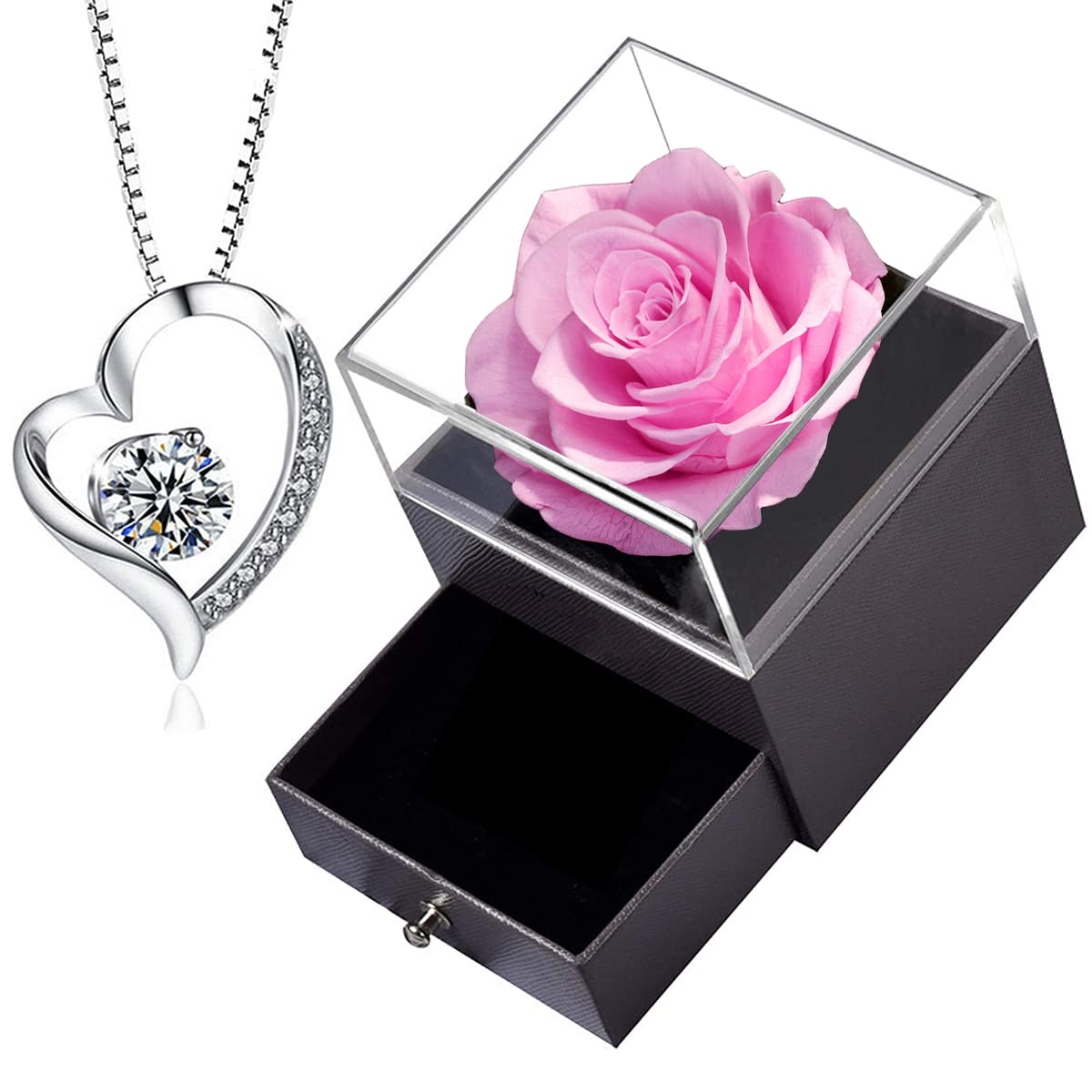 Forever Pink Rose Gift Box with 925 Sterling Silver Necklace - Real Eternal Rose in Glass Dome, Romantic Valentine's Day, Anniversary & Wedding Gift for Her - Perfect for Proposals, Bridal Showers & Special Occasions