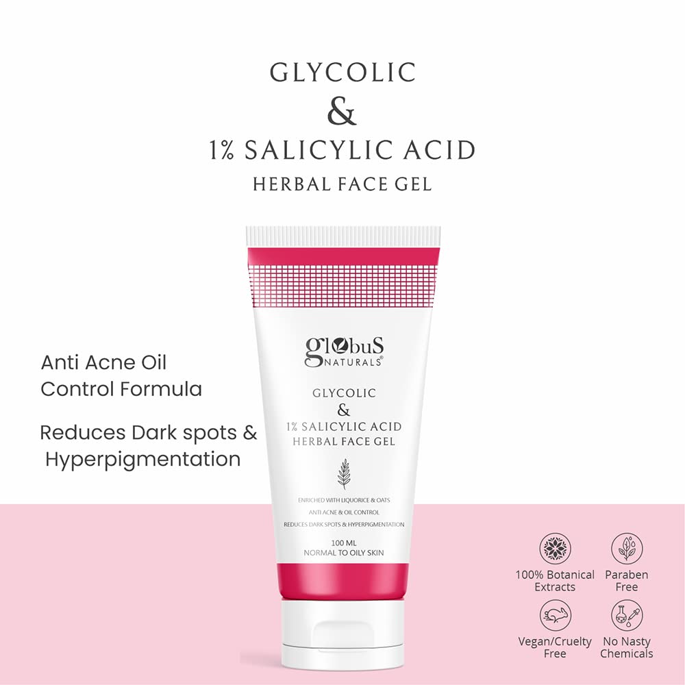 Globus Naturals Glycolic & 1% Salicylic Acid Anti-Acne Face Care Combo Set - 3-Piece Kit with Face Cream, Gel & Scrub for Clear Skin | Daily Acne Treatment & Exfoliation Routine