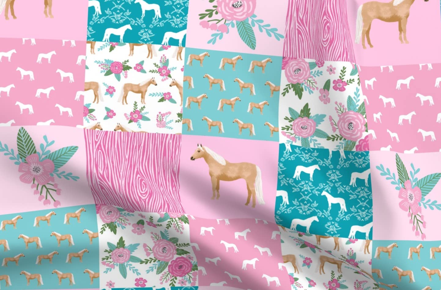 Premium Spoonflower Fabric - Horse Cheater Quilt Palomino Pink Aqua Floral Equestrian Design Printed on Soft Minky Fabric by The Yard - Perfect for Sewing Baby Blankets, Quilt Backing & Plush Projects | DIY Nursery Decor, Equestrian-Themed Bedding & Cozy Home Textiles