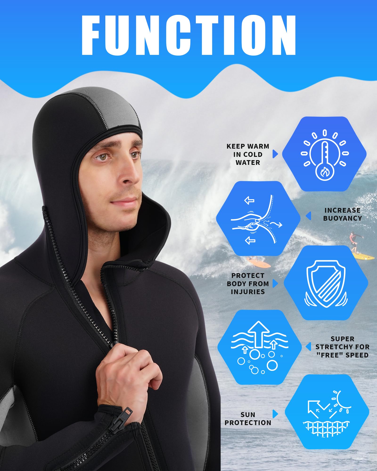 5mm Neoprene Men's Wetsuit with Hood - Full Body One Piece Thermal Spearfishing Suit - Front Zipper for Easy Wear - Cold Water Protection for Surfing, Swimming, Diving & Snorkeling - Ideal for Winter Water Sports and Marine Activities