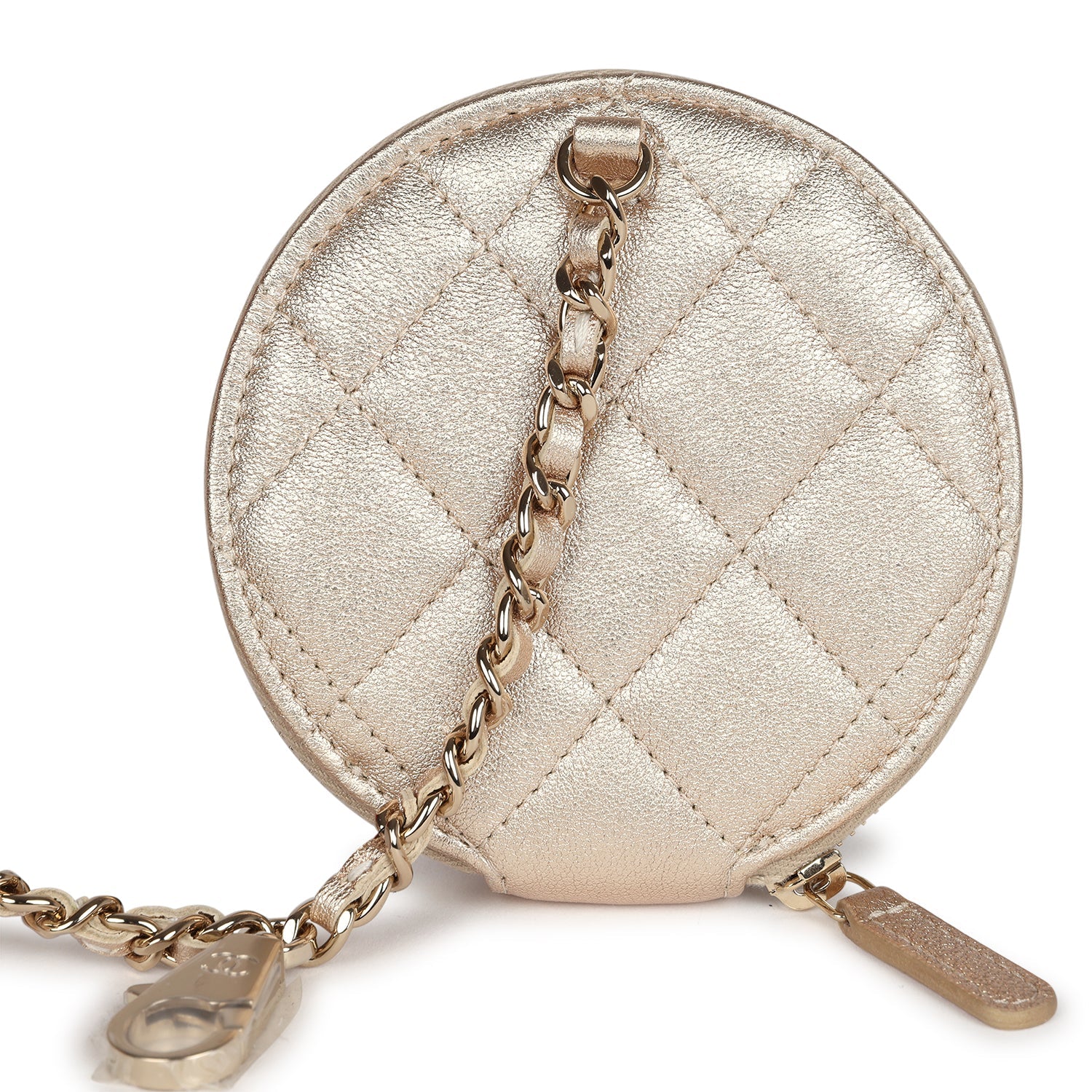 Chanel Metallic Gold Goatskin Round Clip-On Coin Purse & AirPods Pro Case with Light Gold Hardware - Perfect for Luxury Travel & Everyday Elegance