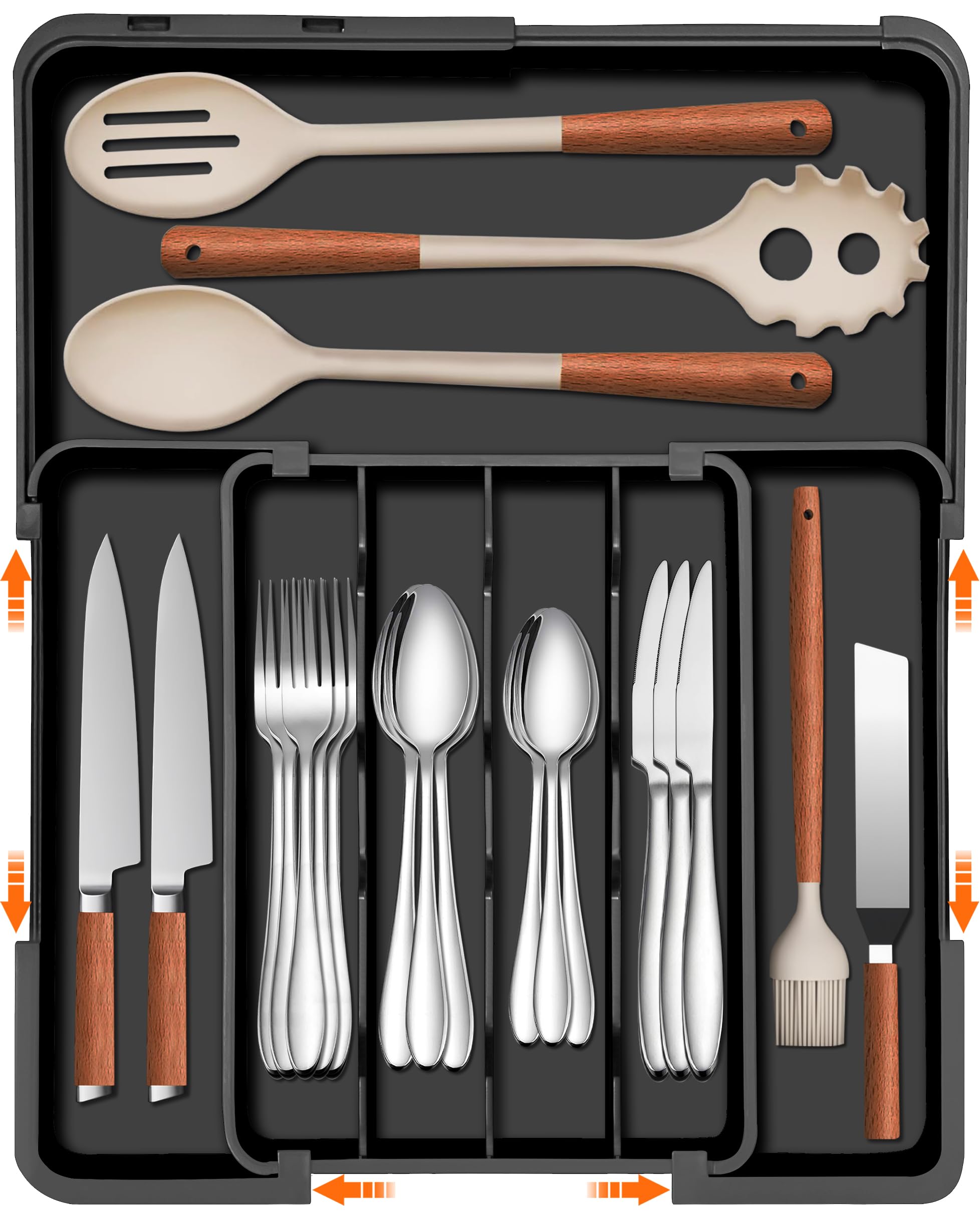 Expandable Silverware Organizer - Adjustable Utensil Drawer Tray for Spoons, Forks & Knives - Kitchen Storage Solution for Flatware & Cutlery - Perfect for Home, Restaurant or Office Use - Black