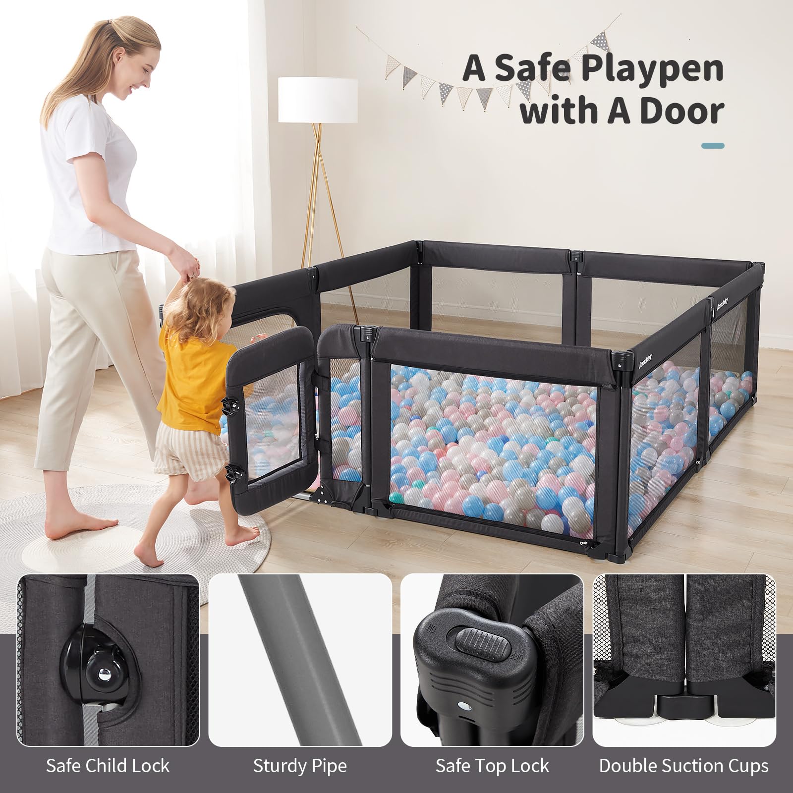 **Foldable Baby Playpen with Door - Adjustable Heavy-Duty Play Yard for Toddlers & Infants - Large Safety Play Area Fence - Ideal for Home, Nursery & Outdoor Use - Black**
