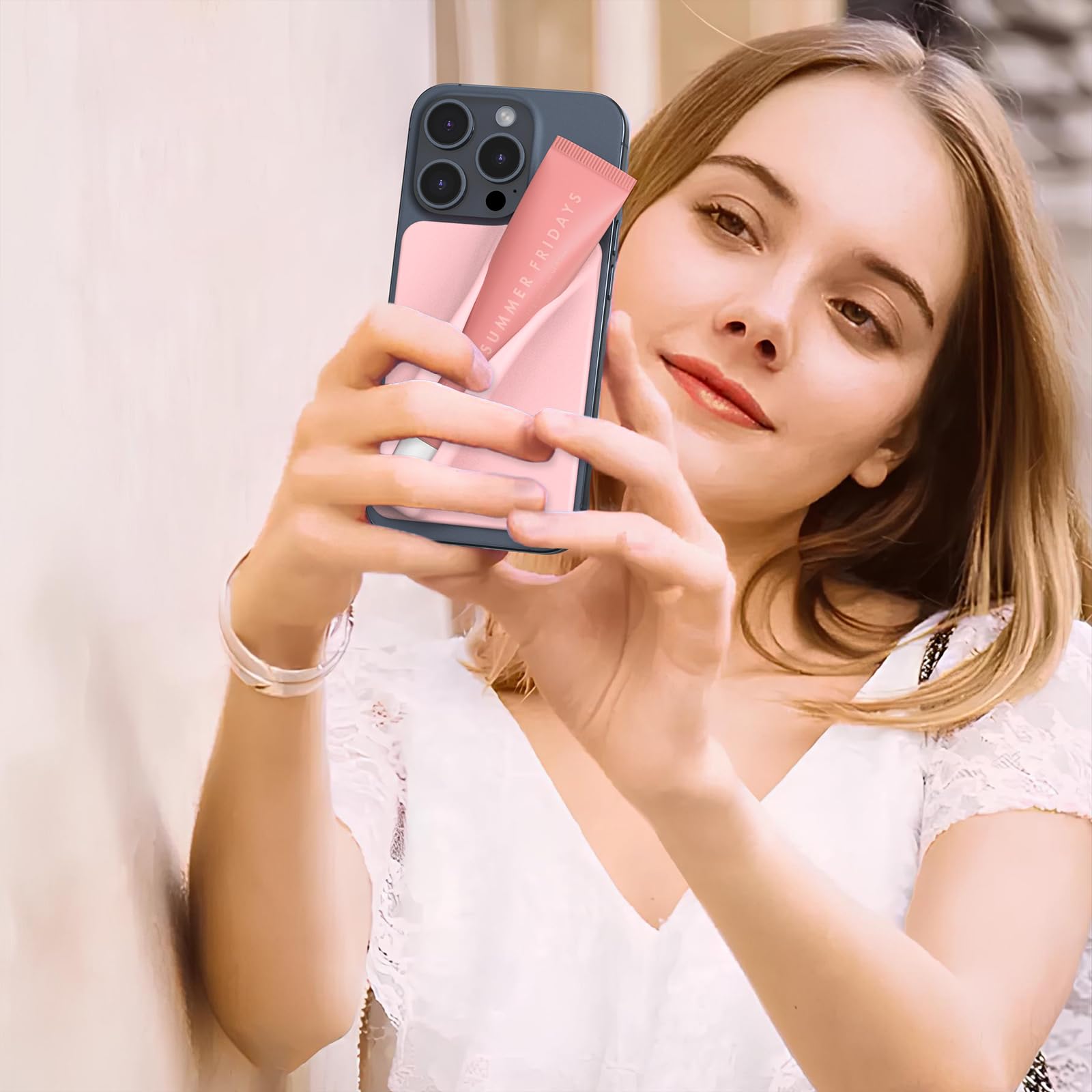 DOB SECHS Silicone Lipstick Holder for iPhone & Android - Stick On Phone Case Accessory, Pink - Perfect for Makeup Touch Ups & Hands-Free Phone Use While Driving or Working