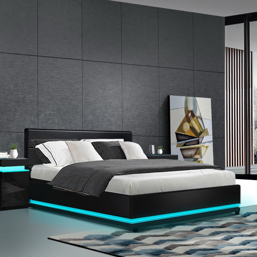 Henley Double Gas Lift Storage Bed Frame with LED Lights - Queen Size, Black - Modern Platform Bed with Underbed Storage for Small Spaces, Bedroom Furniture Upgrade