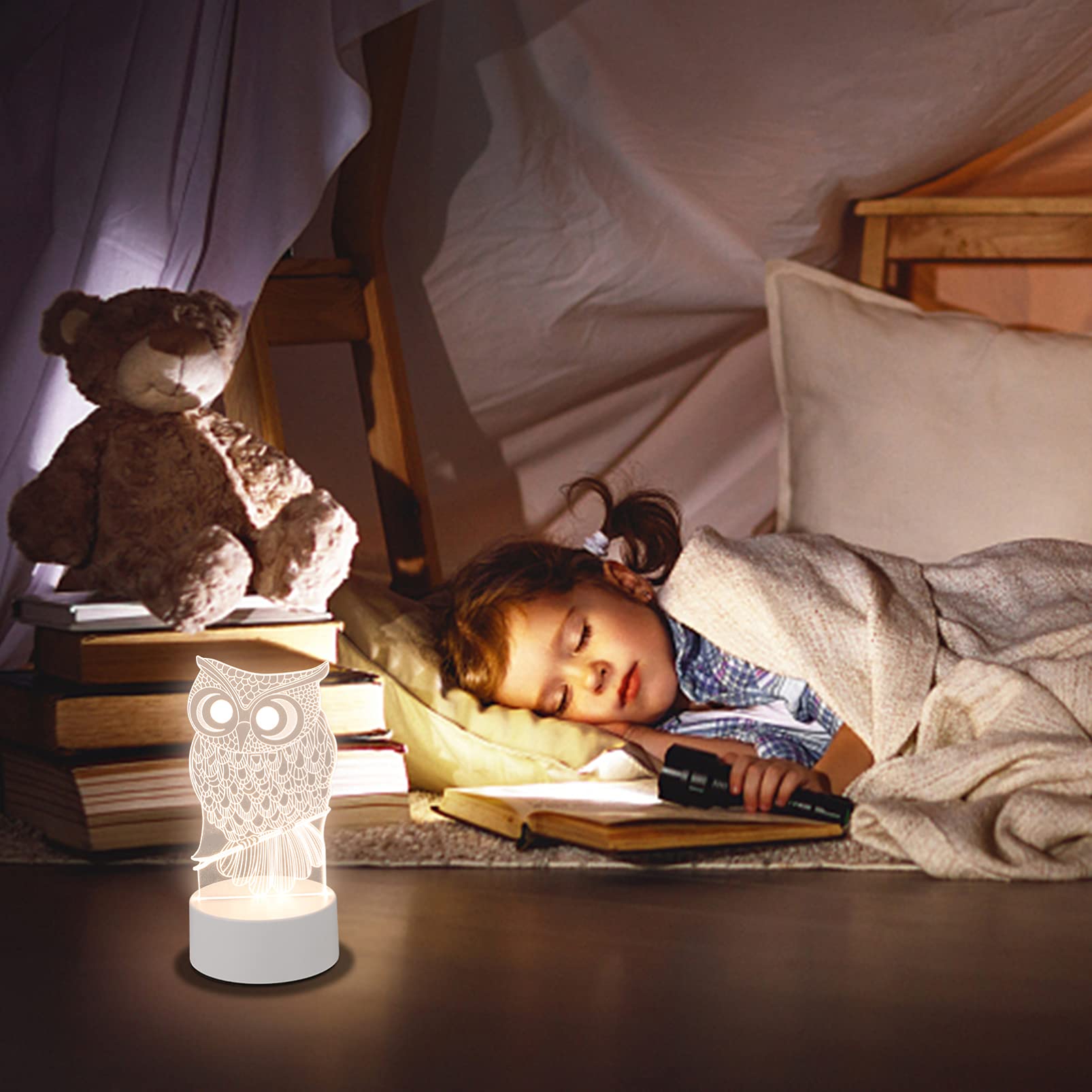 TOYANDONA 3D Owl Illusion LED Night Light - USB Powered Owl Decor Lamp for Kids, Bedroom, Living Room & Office Desk - Perfect for Nursery Decor, Study Room Lighting & Gifts for Children