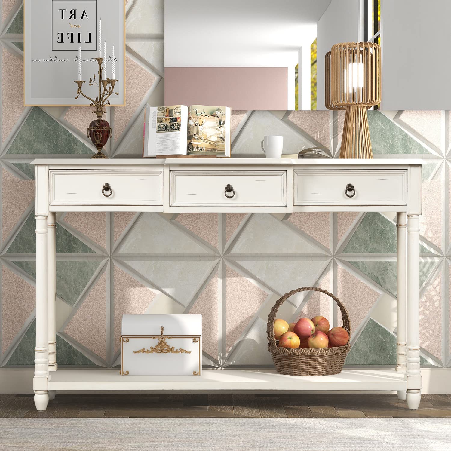 LUMISOL 60-Inch Long Console Table for Entryway - Antique White with 3 Drawers & Bottom Shelf - Hallway Sofa Table, Foyer Furniture for Home Decor & Storage