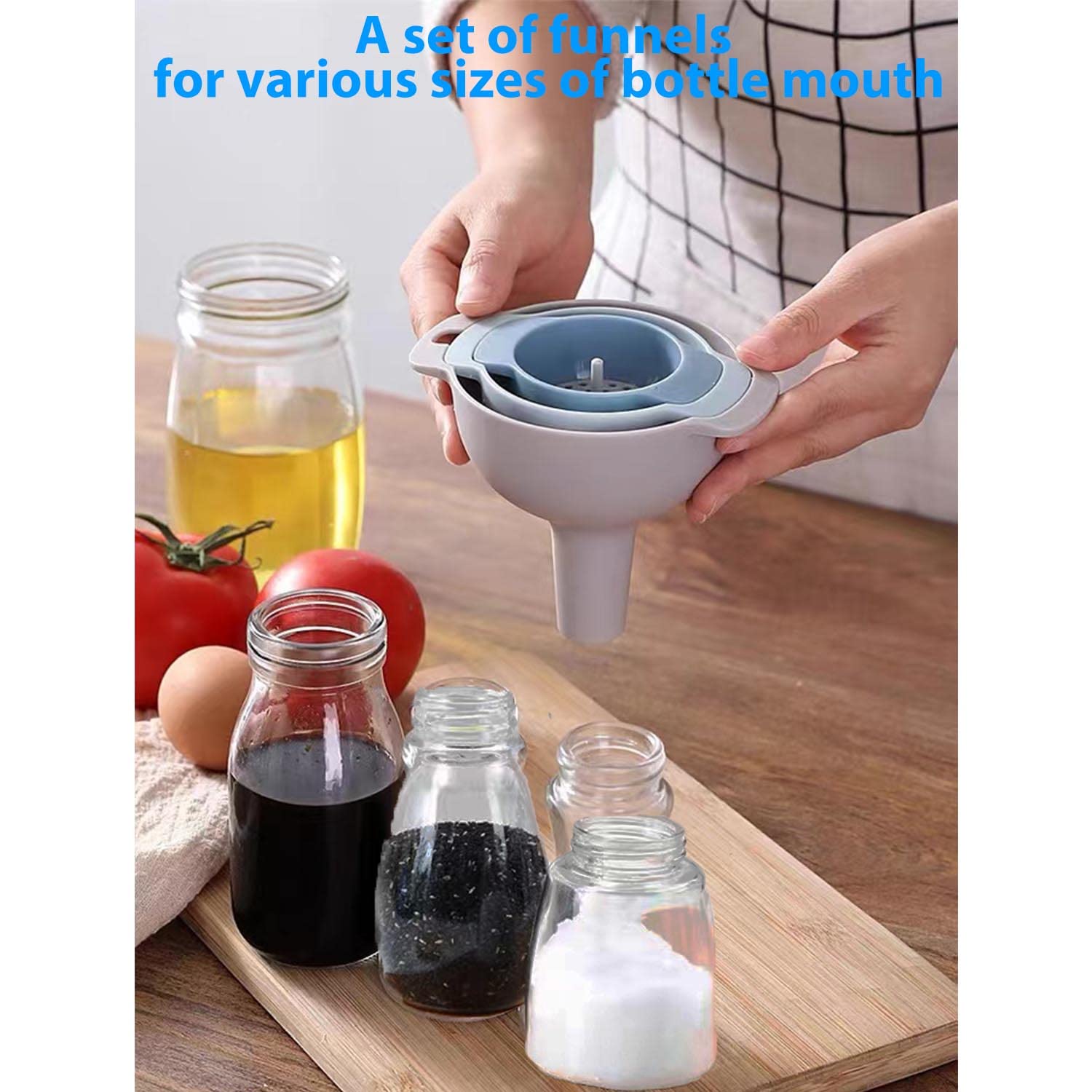 BPA-Free Food Grade Kitchen Funnel Set of 4 with Detachable Strainer Filter - Oil Funnel for Liquid, Dry Ingredients & Powder - Perfect for Bottle Filling, Cooking, Baking & DIY Projects