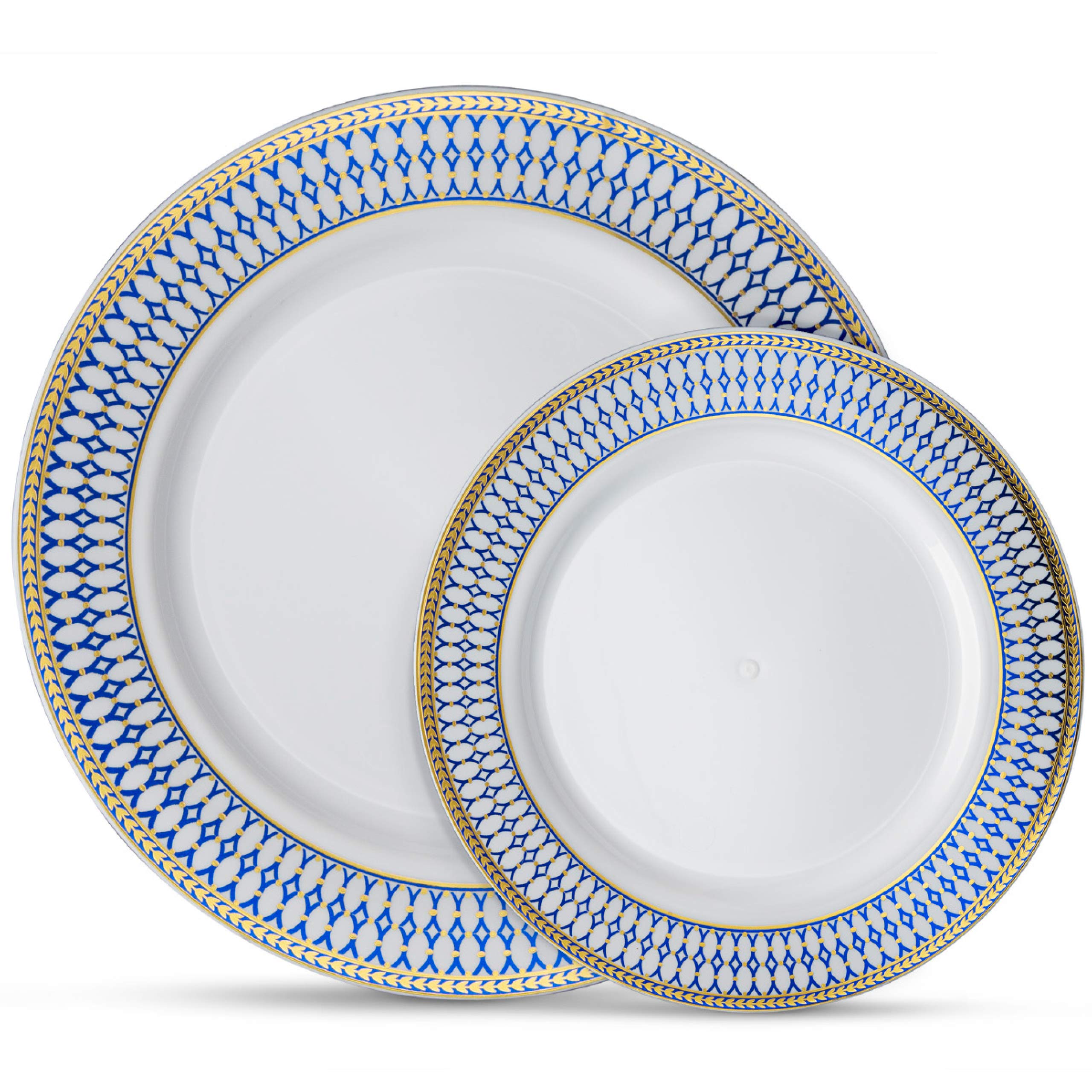 Laura Stein 32-Piece Premium Plastic Dinnerware Set - Elegant White Plates with Blue Rim & Gold Accents (16 Dinner Plates 10.75