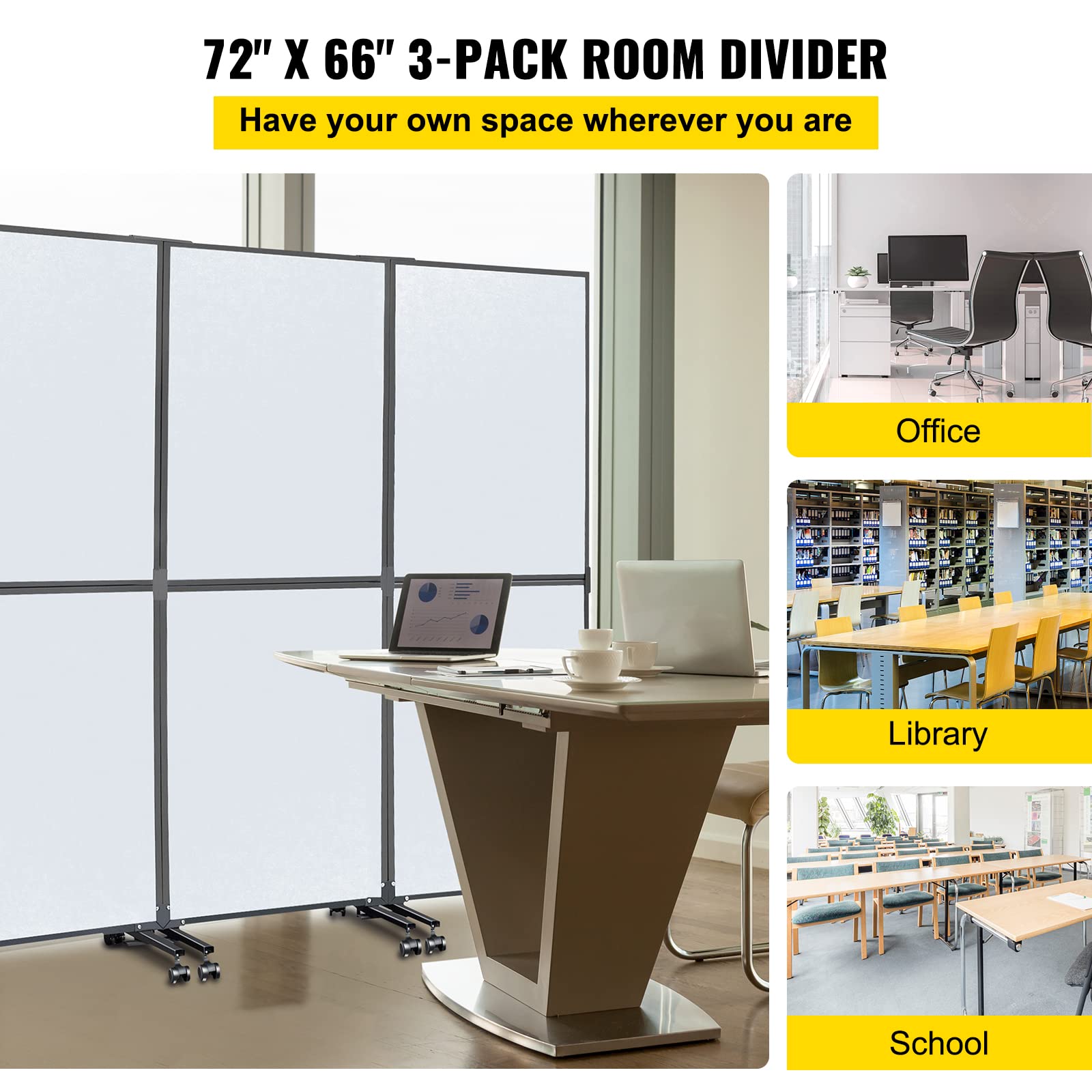 VEVOR 5.5 ft Folding Room Divider - 3 Panel Portable Privacy Screen for Office, Library, School - Soundproof Partition with Cool Gray Finish - Perfect for Workspace Separation, Study Areas & Home Privacy