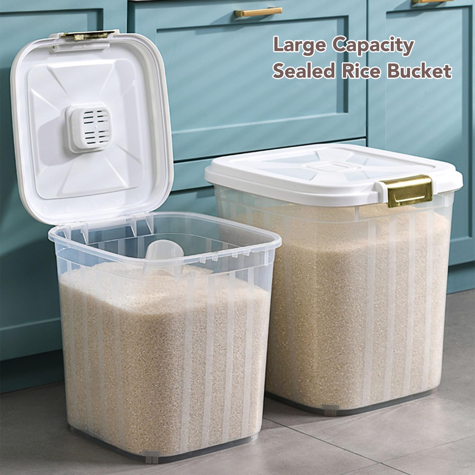 Airtight Rice Storage Container with Measuring Cup & Spoon - Thickened PP Grain Bin for Dry Food, Baking Supplies, Grains - Perfect for Kitchen Pantry Organization & Bulk Food Storage