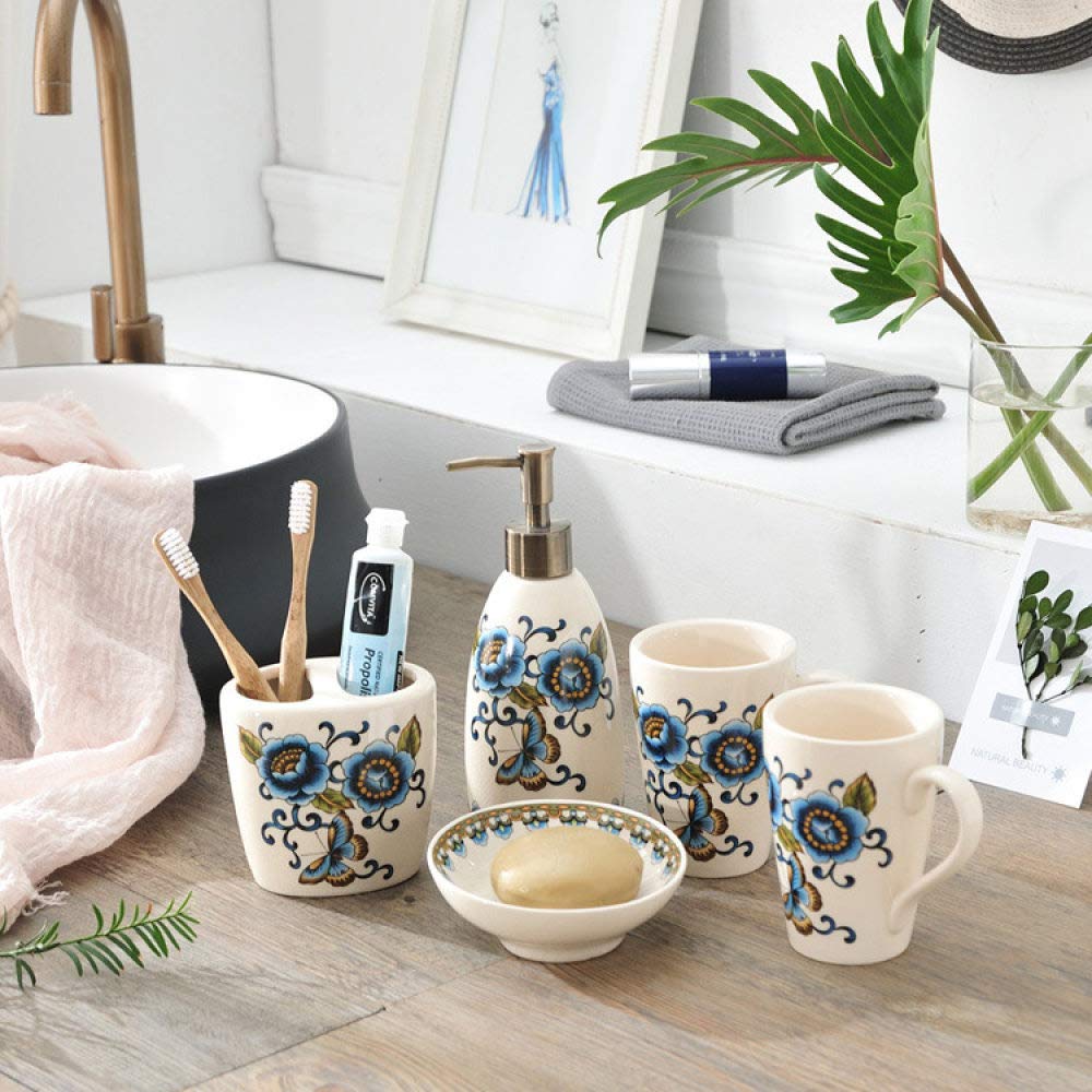 Vintage Ceramic Bathroom Accessories Set - 5 Piece Blue Floral Soap Dispenser, 2 Toothbrush Holders, Soap Dish & Cups for Home, Hotel Vanity Counter - Elegant Bathroom Decor for Modern & Traditional Spaces
