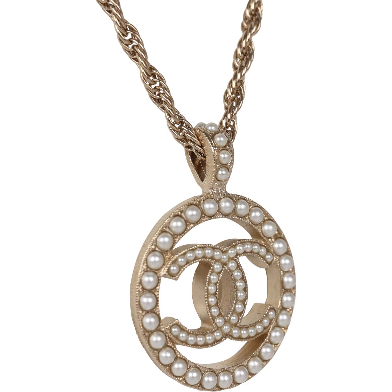 Chanel Large Logo Pearl and Light Gold Metal Pendant Necklace for Women - Elegant Luxury Jewelry Gift for Birthday, Anniversary & Special Occasions