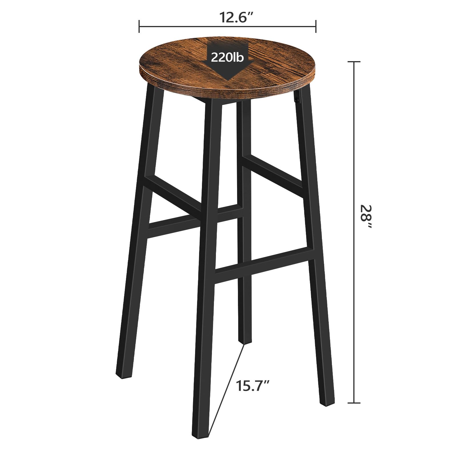 Industrial Bar Stools Set of 2 - 28 Inch Round Kitchen Stools with Footrest, Rustic Brown Breakfast Counter Chairs for Dining Room & Kitchen - Easy Assembly Bar Height Stools for Home, Cafe & Restaurant Use