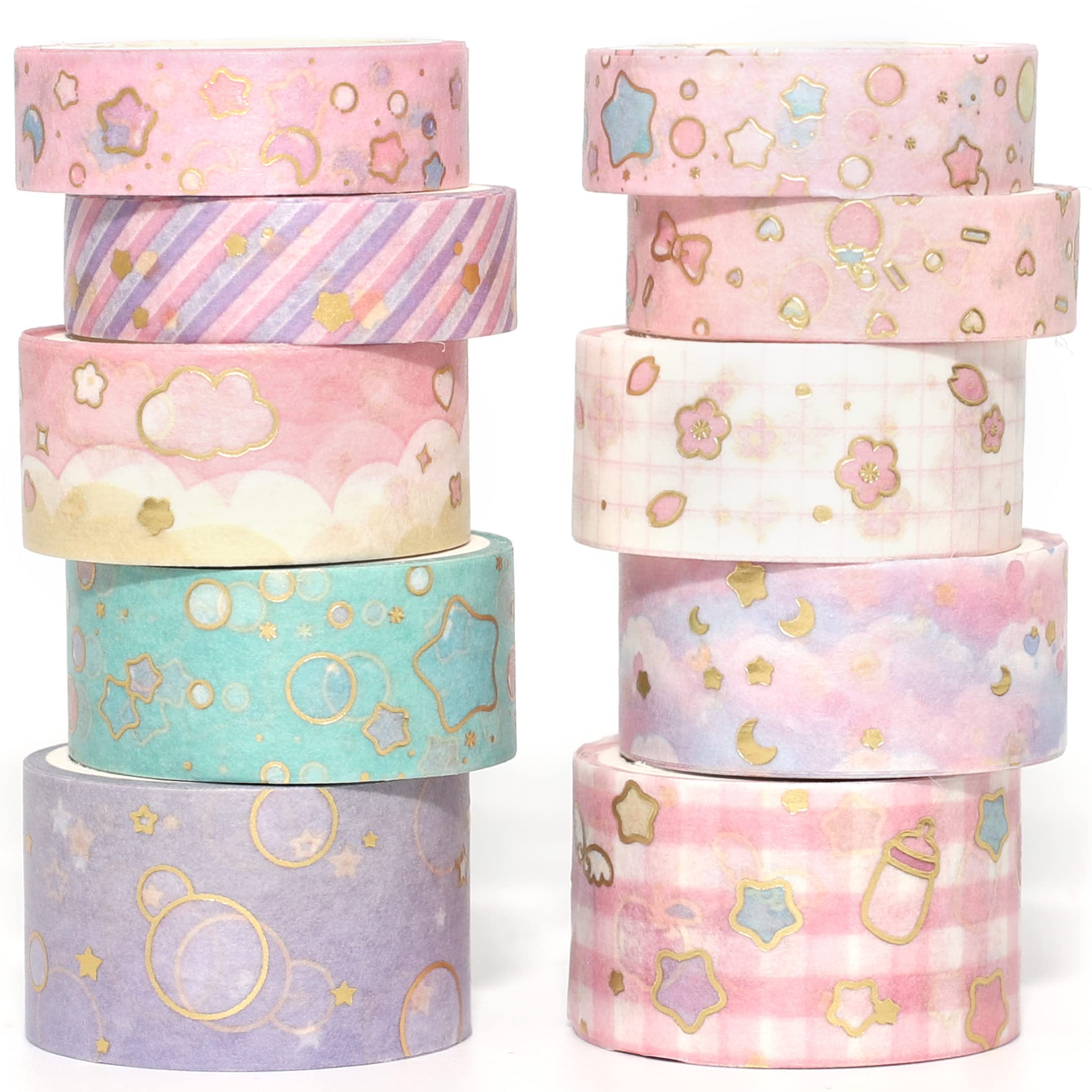 YUBX 10 Rolls Creative Washi Tape Set - Gold Foil Print Decorative Masking Tapes for DIY Crafts, Scrapbooking, Journaling, Planner Decor & Gift Wrapping | Perfect for Arts & Crafts, School Projects, Home Office Organization & Party Decorations (Cute Sweety Design)