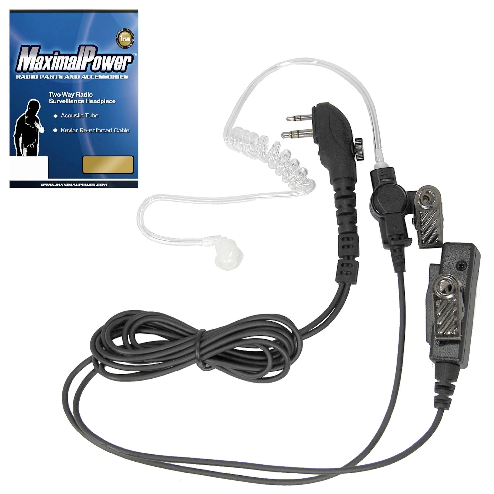 MaximalPower™ PTT Mic Earbud Headset for Hytera PD502 PD550 PD562 TD562 Radios - 2 Pin Kevlar-Reinforced Screw Plug (Combo Pack) - Perfect for Security, Construction & Emergency Communication
