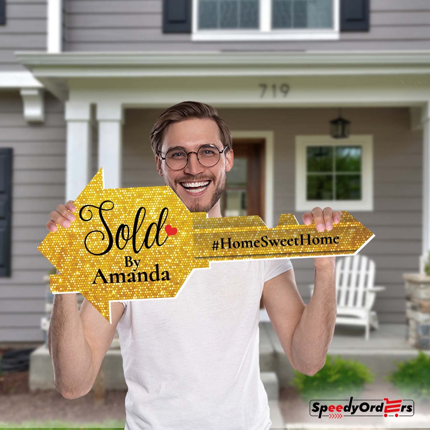 Custom Real Estate Sold Key Sign - Personalized Gold Sparkle Large Size - Perfect for Agent Marketing & Home Seller Celebrations