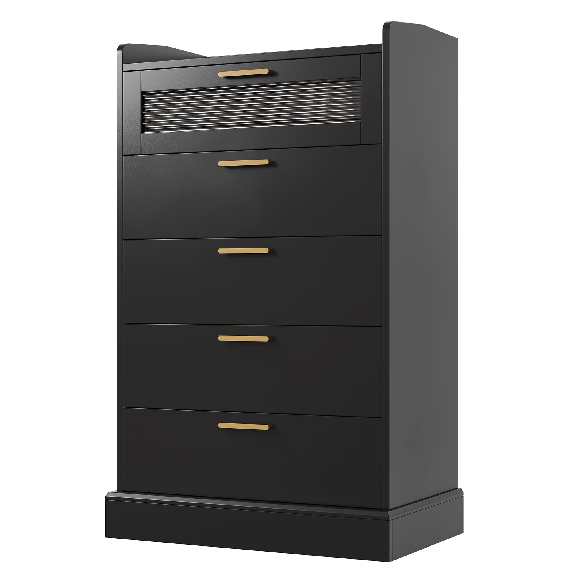 Modern 5-Drawer Dresser with Gold Handles - Wooden Storage Cabinet with Anti-Drop Fence & Fluted Glass - Black Chest of Drawers for Bedroom, Living Room, Hallway & Entryway - Perfect for Home Organization & Stylish Storage Solutions