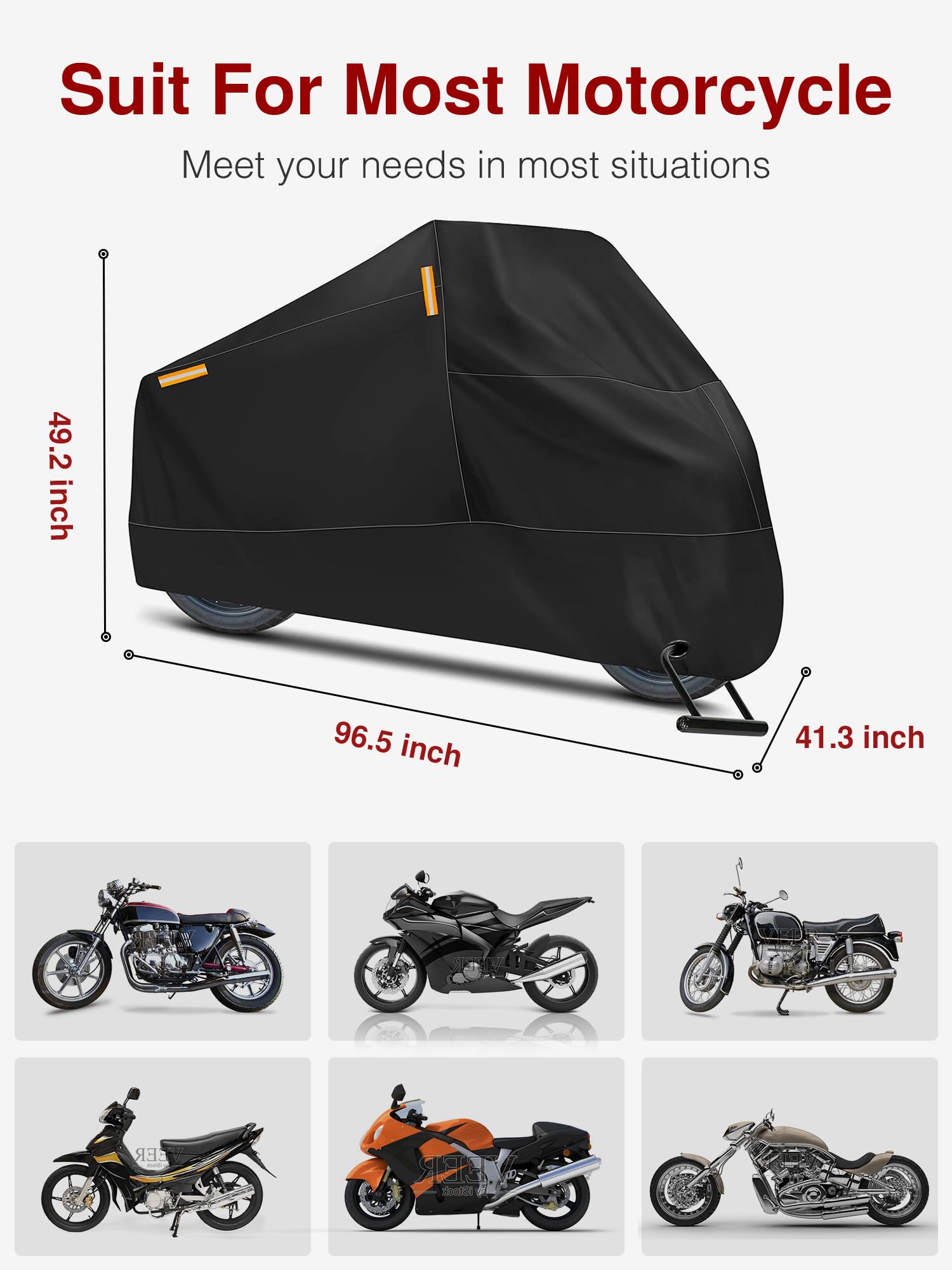 **Heavy Duty Waterproof Motorcycle Cover - All Weather Protection with Reflective Strips & Lock Holes - Universal Fit for Scooters & Bikes up to 97