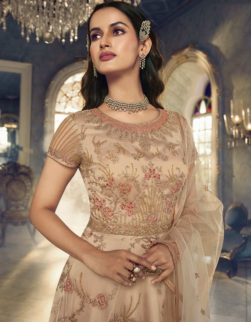 Elegant Beige Anarkali Semi Stitched Suits for Women | Traditional Indian Ethnic Wear | Perfect for Weddings, Festivals & Special Occasions
