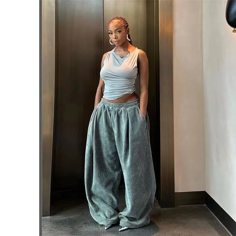 Y2K Corduroy Wide Leg Pants for Women - High Waist Casual Streetwear with Pockets | Autumn Winter Loose Fit Long Pants | Perfect for Everyday Wear, Office & Fashion Outfits