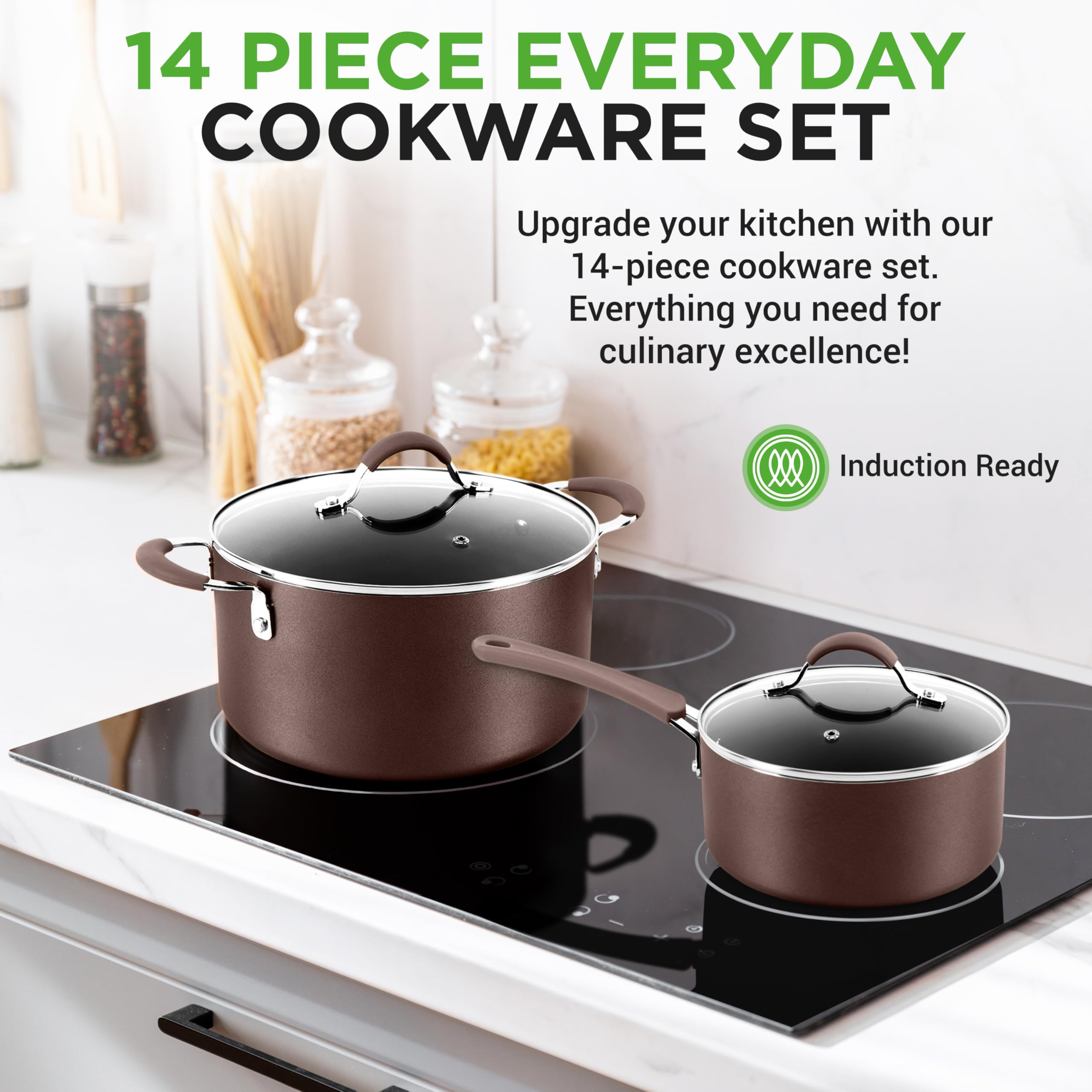 NutriChef 14-Piece Nonstick Brown Cookware Set - Scratch-Resistant Pots & Pans with Glass Lids & Utensils - Induction Compatible for Gas, Electric, Ceramic & Halogen Stoves - Perfect for Frying, Sautéing & Everyday Cooking