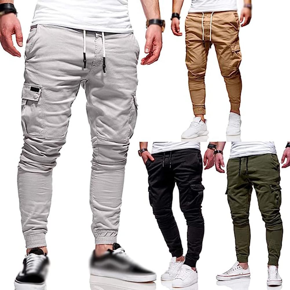 Men's Chino Jogger Pants with Drawstring - Athletic Workout Fitness Tapered Cargo Jogging Trousers for Running, Gym & Casual Wear
