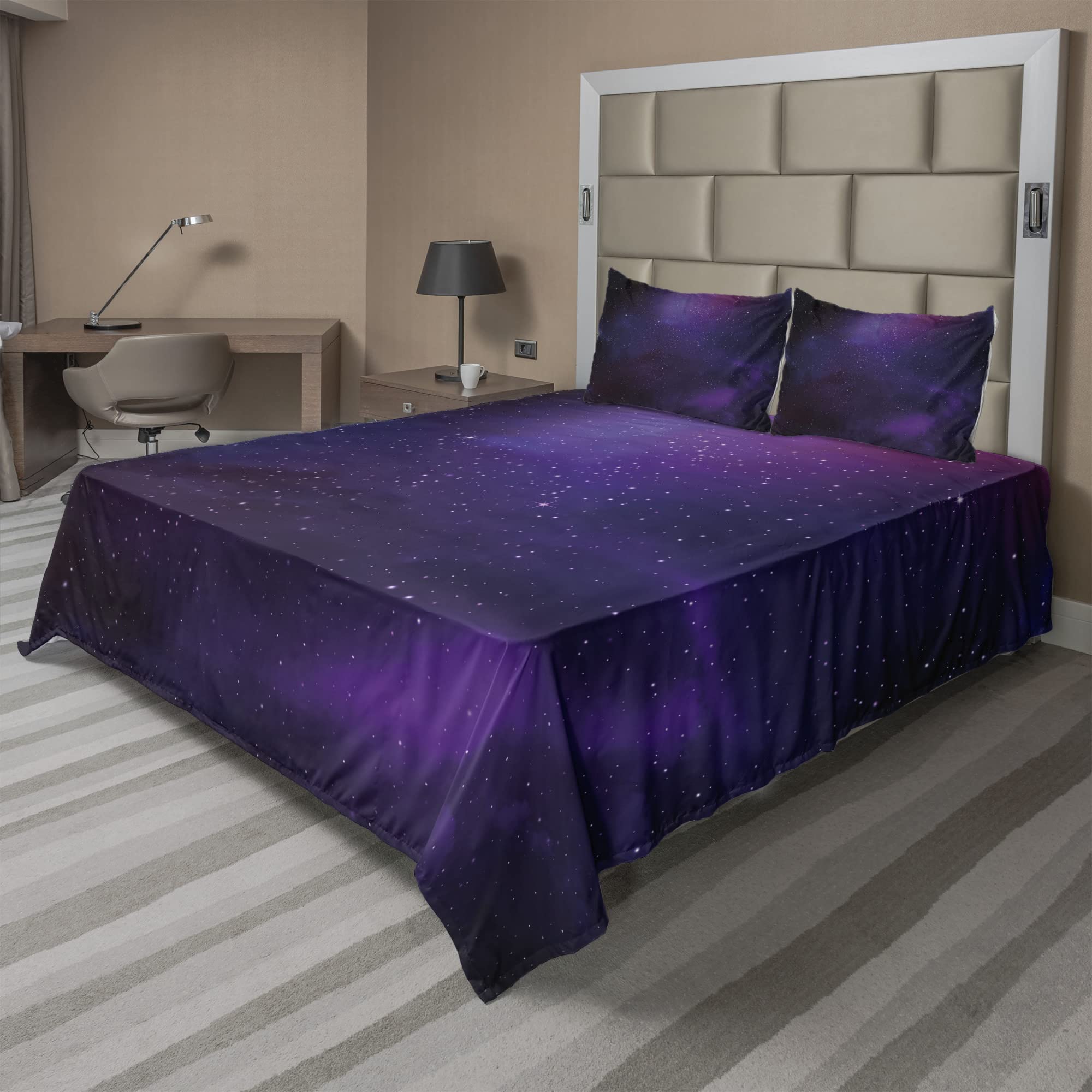 Ambesonne Galaxy Nebula Bed Sheet Set - 4 Piece Queen Size, Deep Space Star Clusters & Milky Way Constellation Design, Purple Pink Black Fitted & Flat Sheets with Pillowcases | Perfect for Astronomy Lovers, Themed Bedrooms & Unique Home Decor