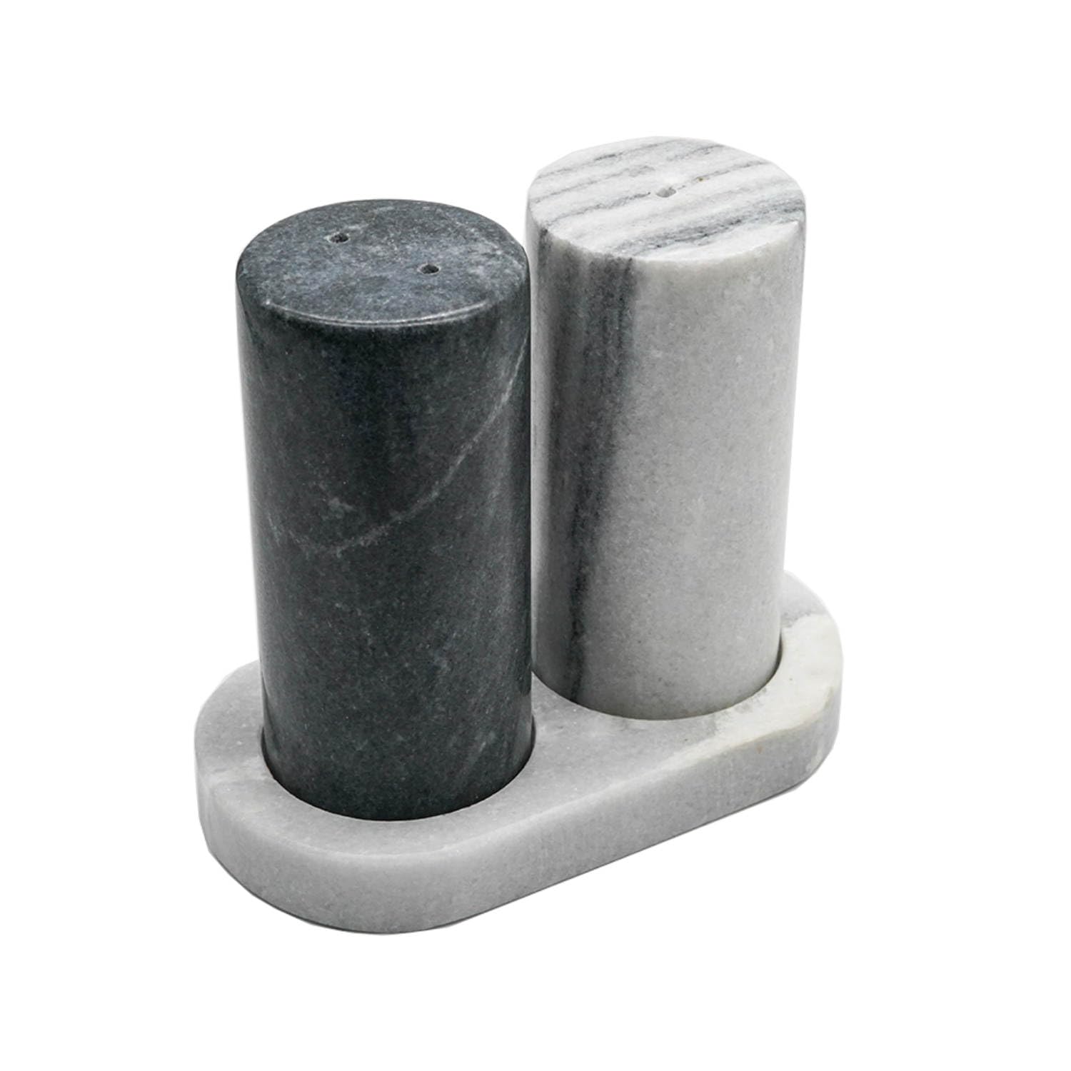 Premium Marble Salt and Pepper Shaker Set - Elegant Black & White Natural Marble with Matching Tray, Silicone Lids & Cleaning Brush - Luxury Kitchen Decor & Housewarming Gift for Dining Table, Kitchen Counter, and Wedding Registry