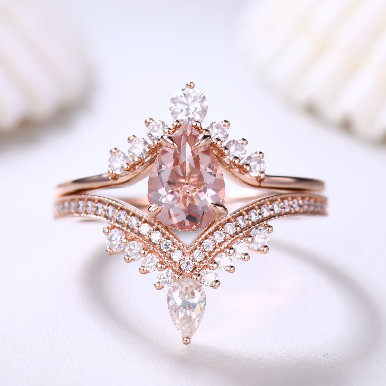 Morganite and Moissanite Teardrop Bridal Ring Set with Curved Chevron Band - Unique Crown Design for Engagement, Wedding, Anniversary Gift - Perfect for Proposals, Bridal Jewelry, and Special Occasions