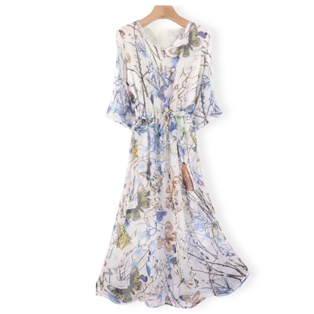 Women's Summer Silk Dress - Mid Sleeve Loose V-Neck Swing Skirt with Flowy Long Hem | Perfect for Beach Vacations, Date Nights & Casual Outings
