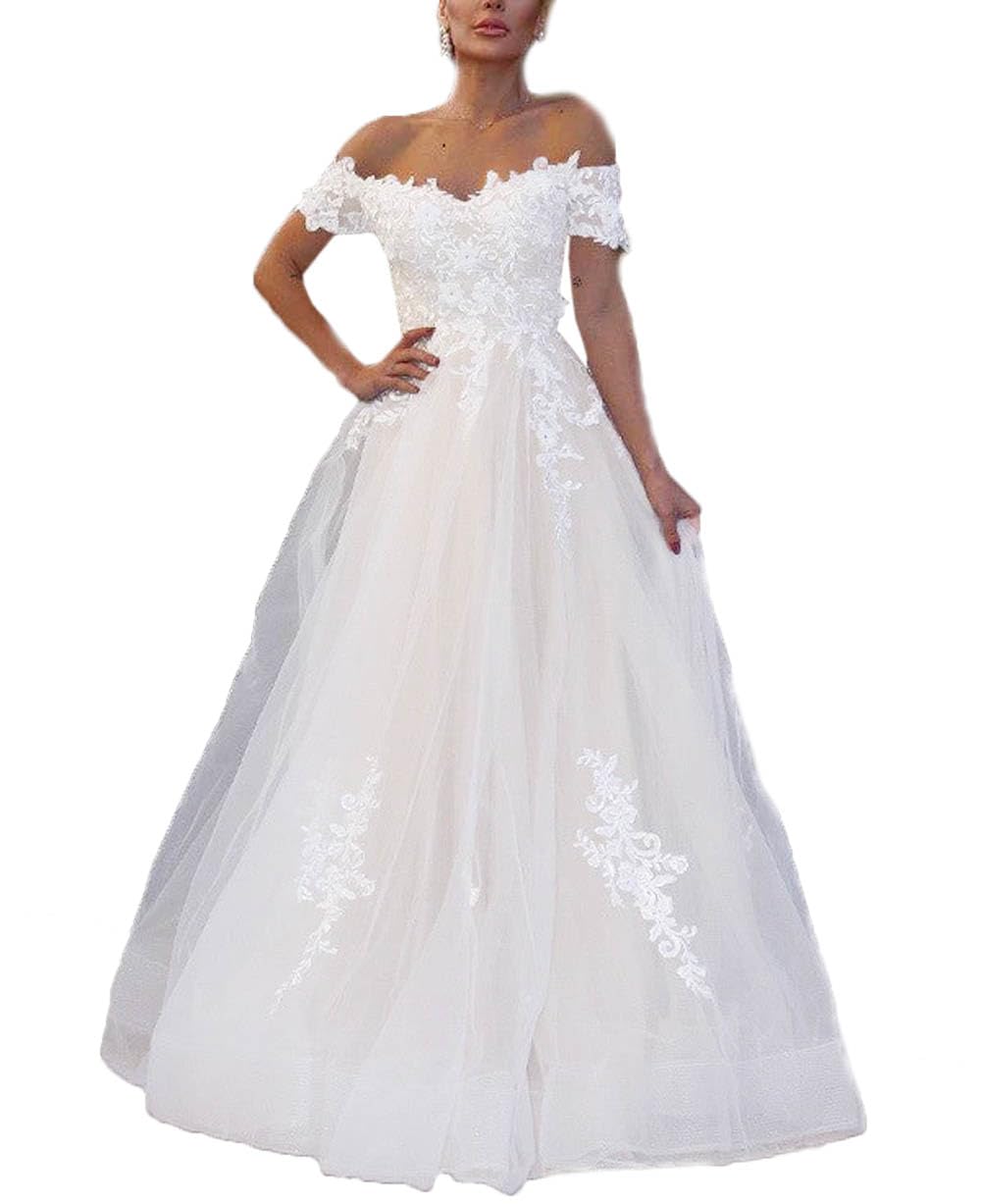 Elegant Sleeveless Lace Applique A-Line Off Shoulder Wedding Dress for Women - Long Formal Evening Gown for Bridal, Prom, Cocktail Party & Special Occasions