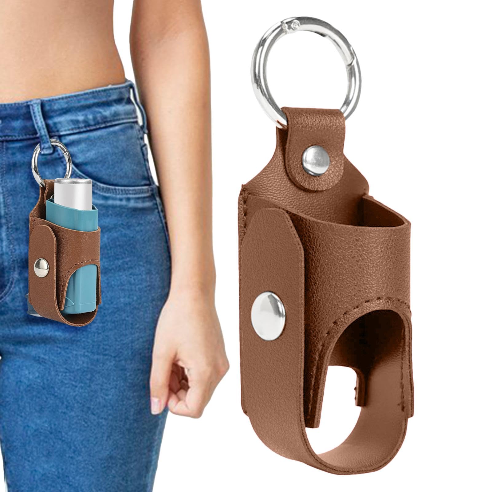 Portable Inhaler Holder Case - Keychain & Spacer Storage with Metal Buckle | Lightweight PU Leather Protective Cover for Asthma Inhalers | Perfect for Travel, School, Hiking & Daily Use (Brown)