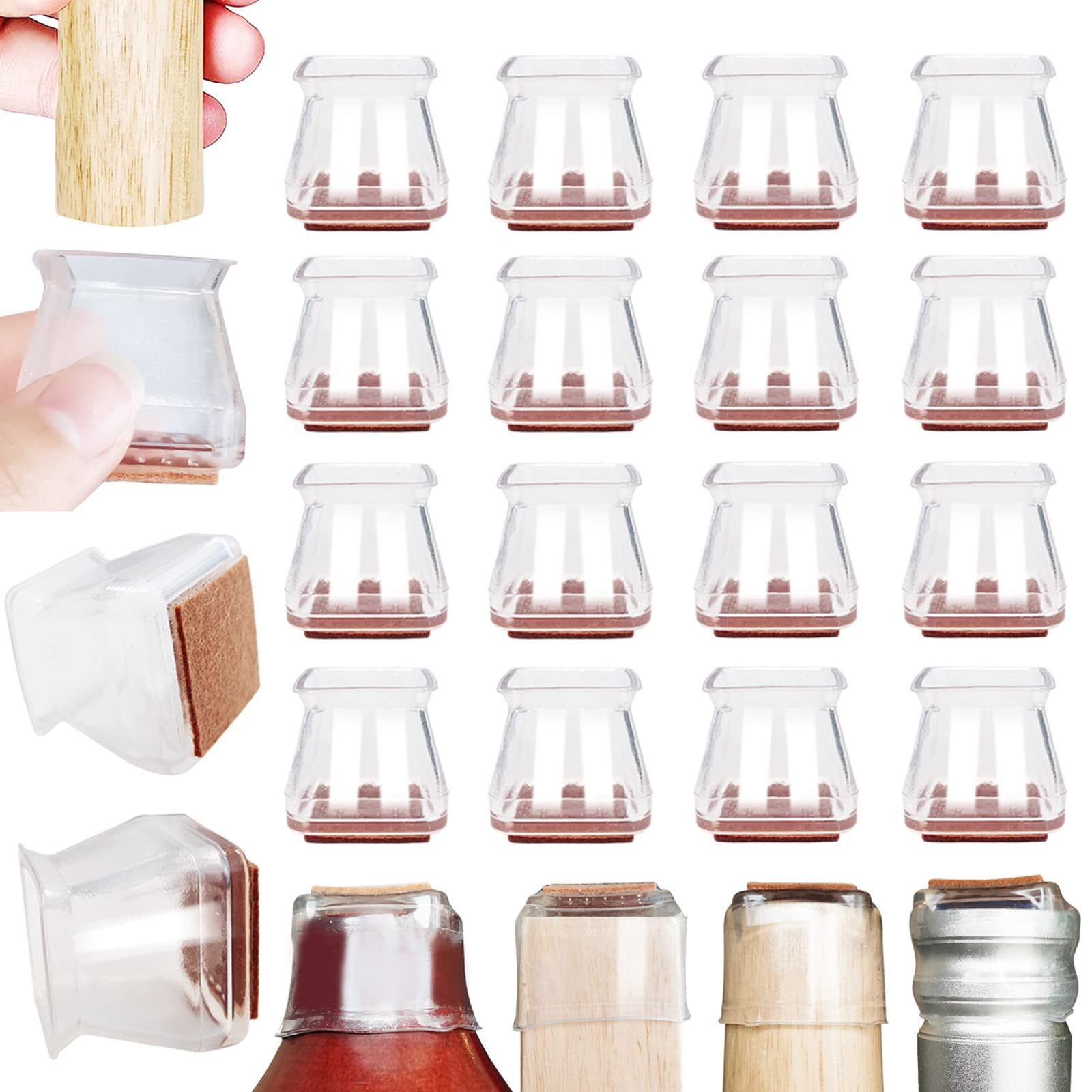 Square & Round Silicone Chair Leg Floor Protectors - 16 Pack Clear Felt Covers for Noise Reduction, Furniture Moving & Floor Protection - Perfect for Hardwood Floors, Office Chairs & Home Furniture